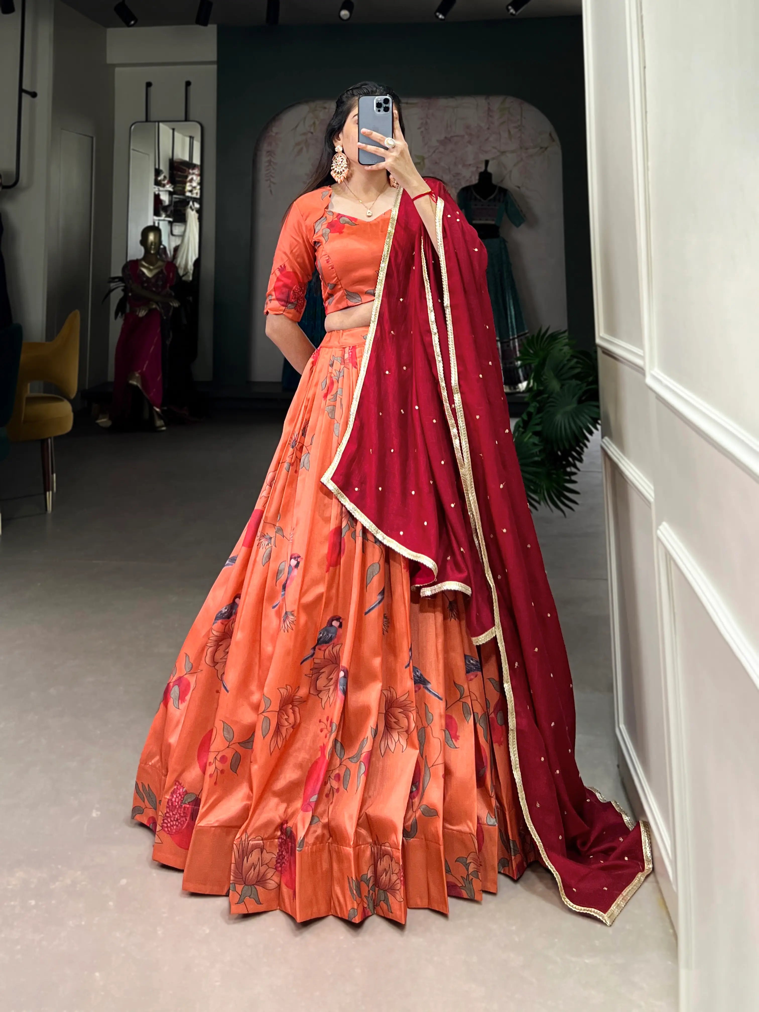Peach Floral Printed Tussar Silk Lehenga Choli | Ready To Wear - qivii