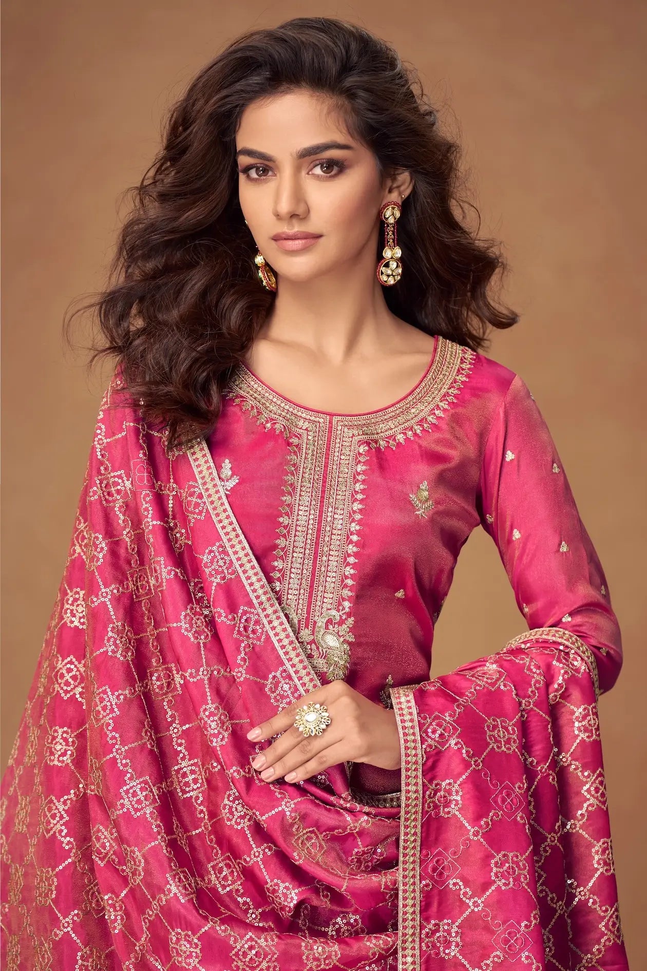 Rani Pink Shimmer Silk Embroidery Work Palazzo Suit - qivii