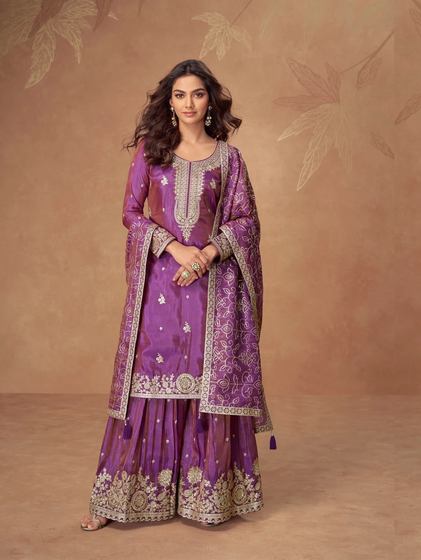 Plum Purple Shimmer Silk Embroidery Work Palazzo Suit - qivii