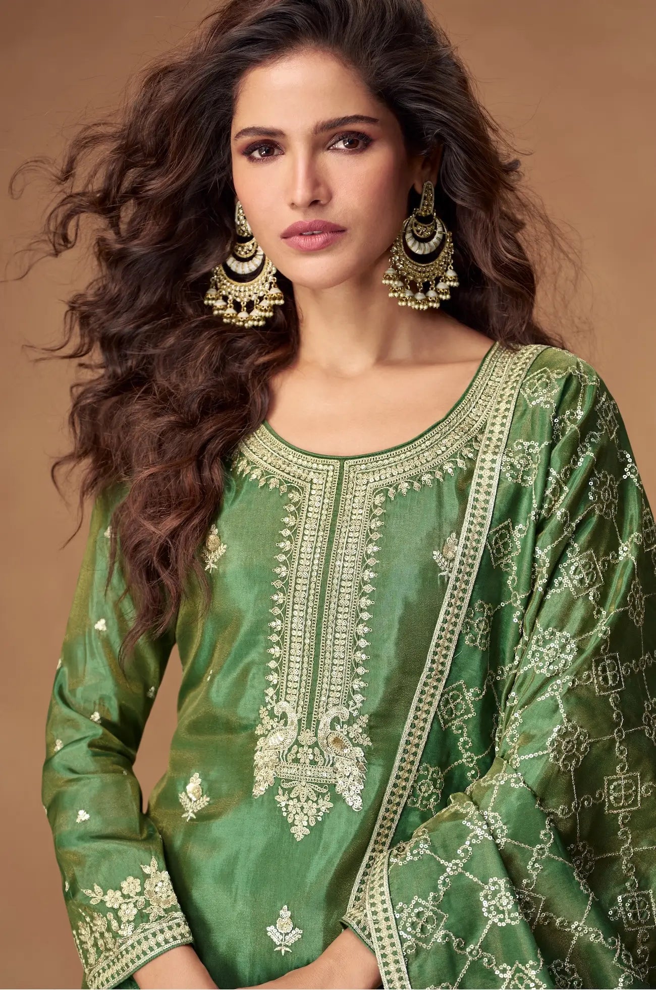 Hazel Green Shimmer Silk Embroidery Work Palazzo Suit - qivii