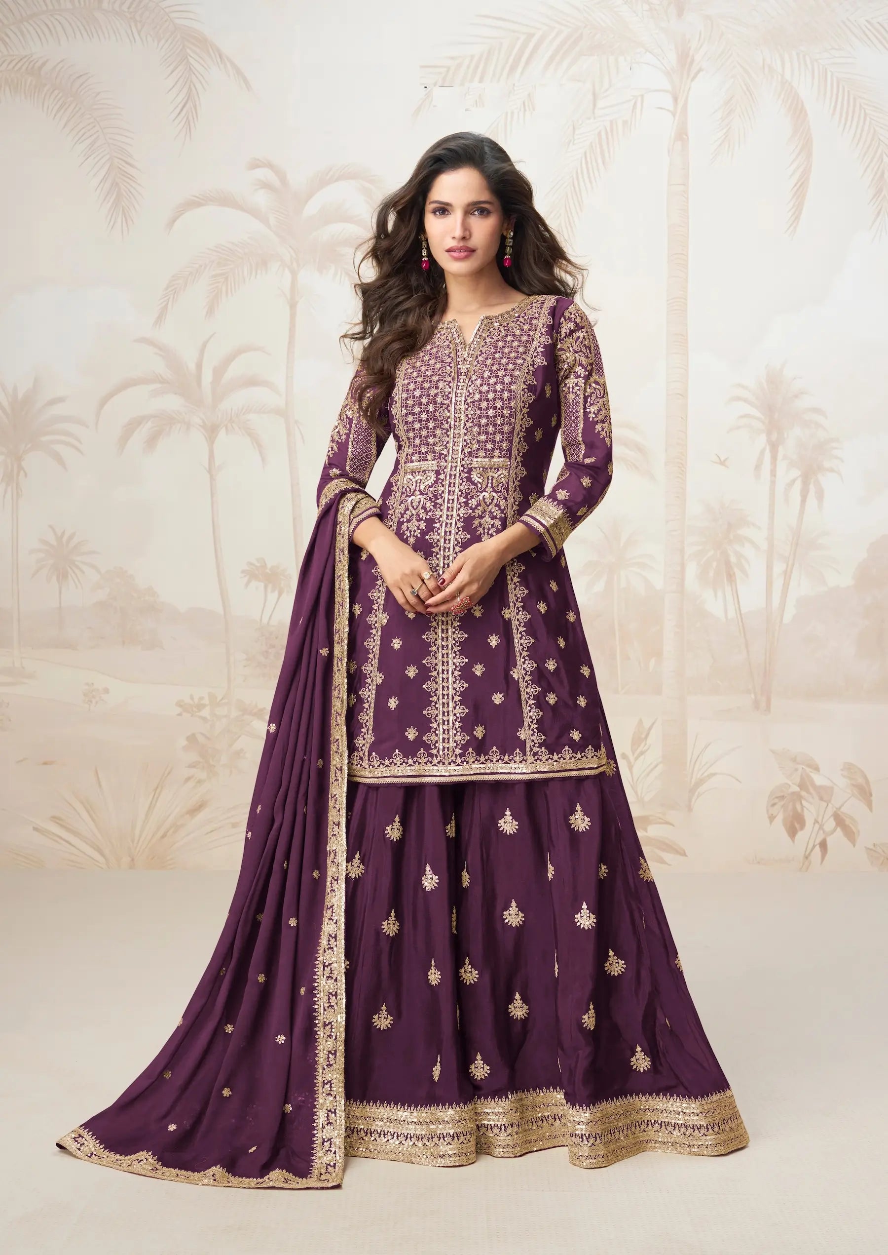 Wine Berry Chinon Silk Embroidery Work Salwar Suit - qivii