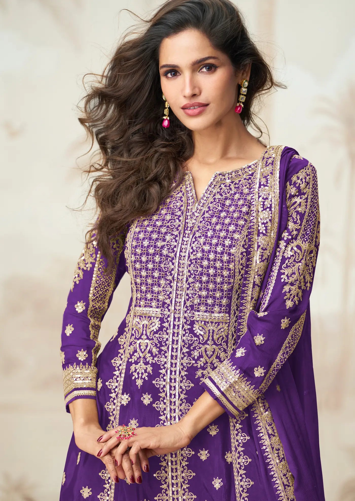 Purple Chinon Silk Embroidery Work Salwar Suit - qivii