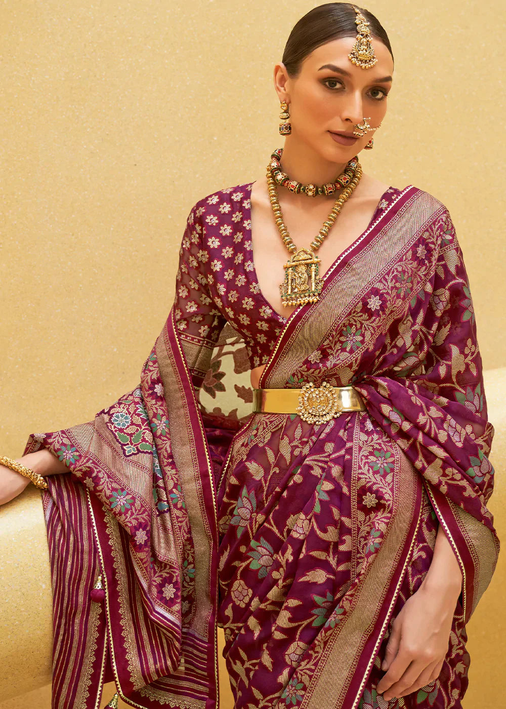 Tyrian Purple Zari Woven Brasso Organza Silk Saree - qivii