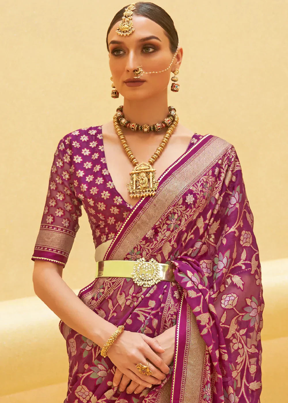 Tyrian Purple Zari Woven Brasso Organza Silk Saree - qivii
