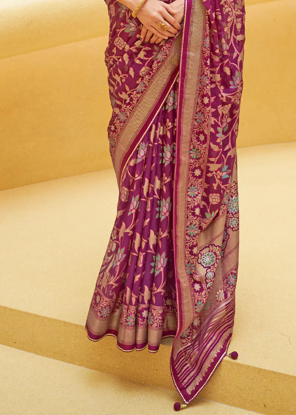 Tyrian Purple Zari Woven Brasso Organza Silk Saree - qivii