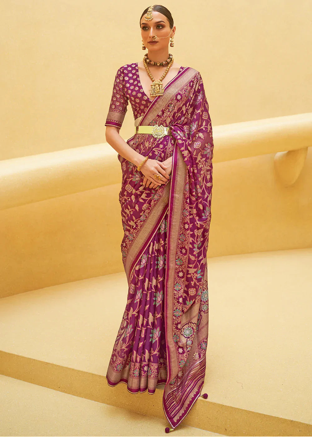 Tyrian Purple Zari Woven Brasso Organza Silk Saree - qivii