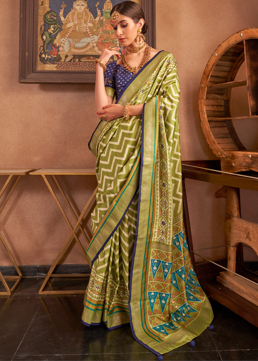 Venom Green Patola Printed Silk Saree with Contrast Blouse - qivii