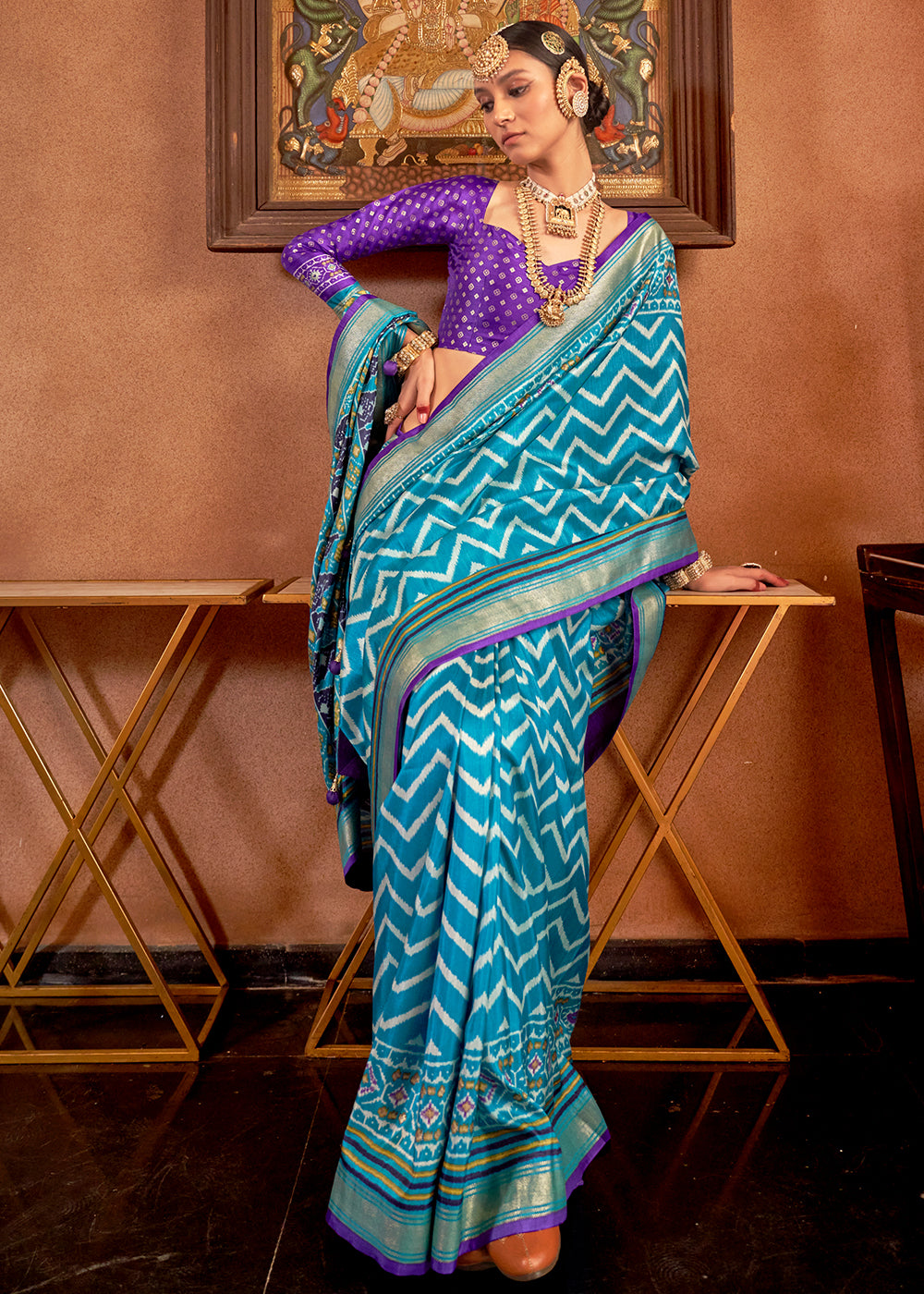 Cerulean Blue Patola Printed Silk Saree with Contrast Blouse - qivii