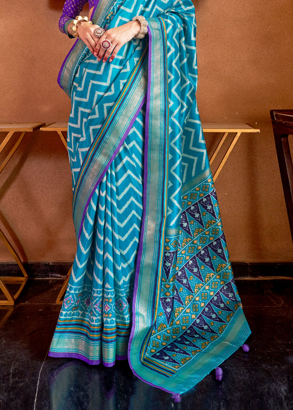 Cerulean Blue Patola Printed Silk Saree with Contrast Blouse - qivii