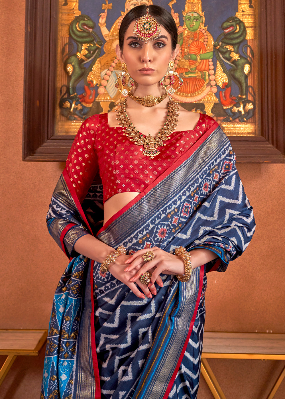 Admiral Blue Patola Printed Silk Saree with Contrast Blouse - qivii