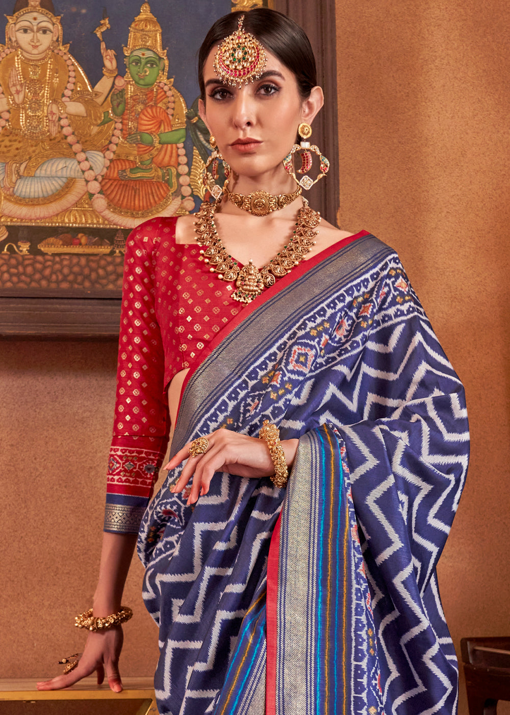 Admiral Blue Patola Printed Silk Saree with Contrast Blouse - qivii