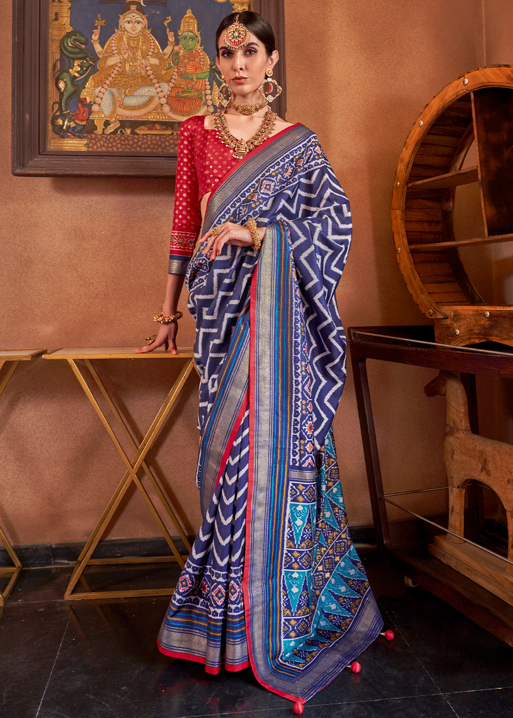 Admiral Blue Patola Printed Silk Saree with Contrast Blouse - qivii