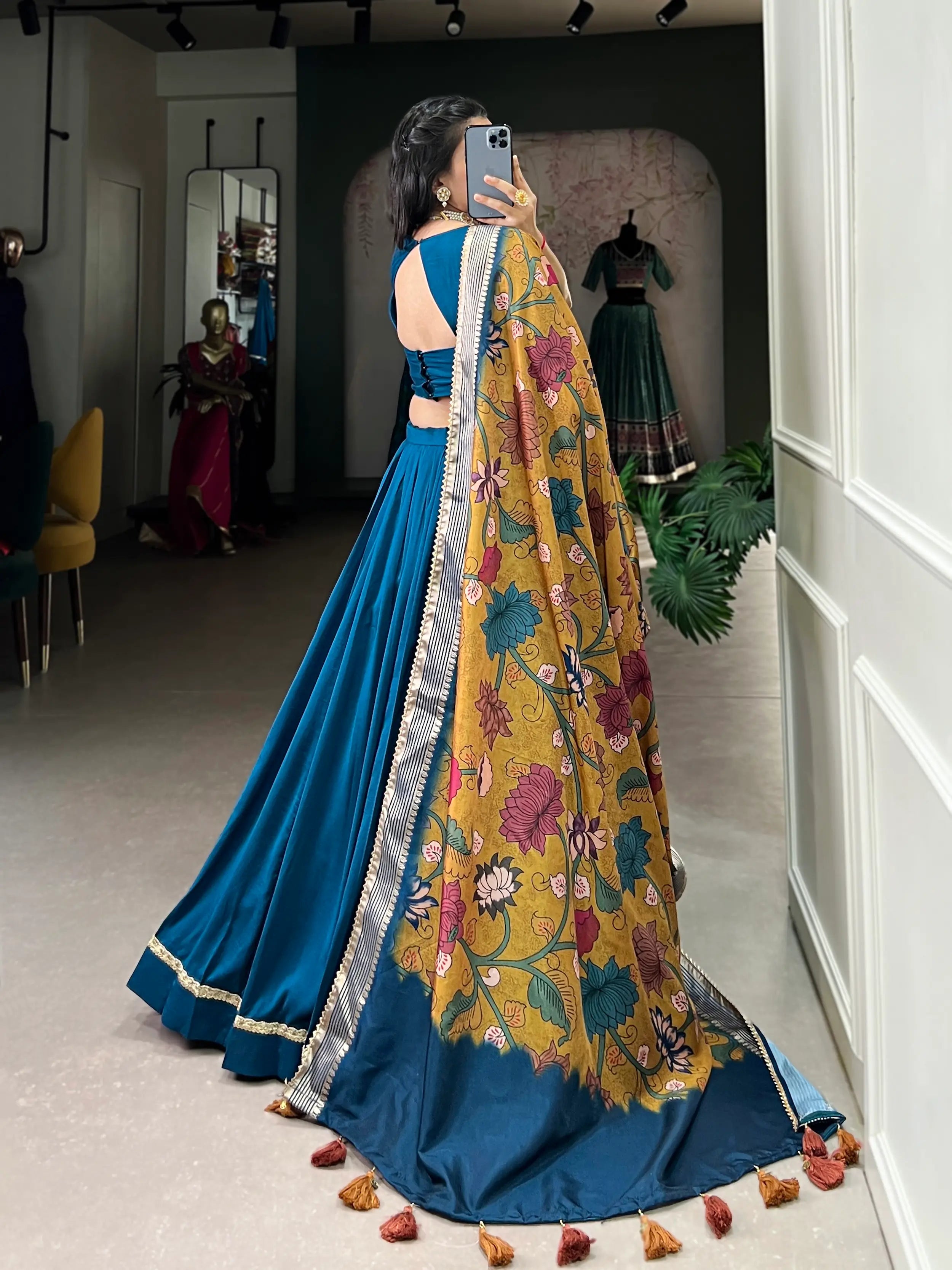 Teal Blue Chinnon Silk Lehenga Choli | Ready To Wear - qivii