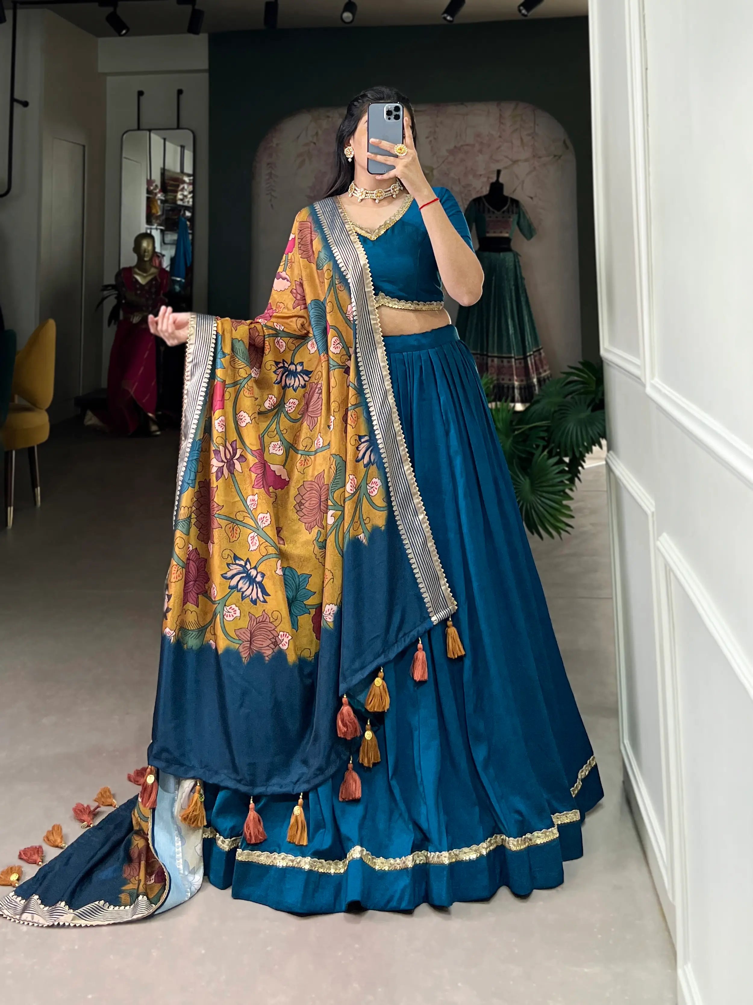 Teal Blue Chinnon Silk Lehenga Choli | Ready To Wear - qivii