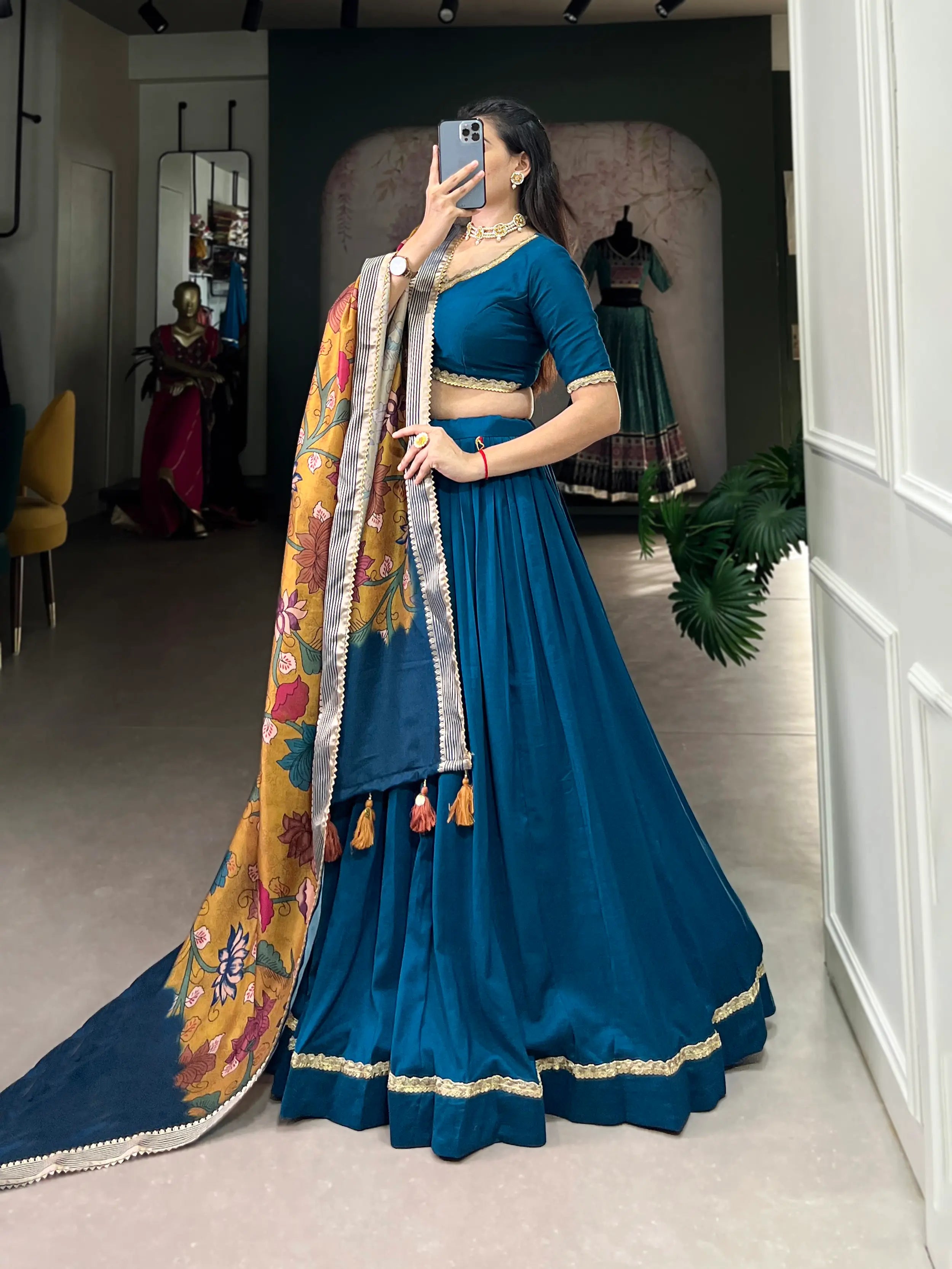Teal Blue Chinnon Silk Lehenga Choli | Ready To Wear - qivii