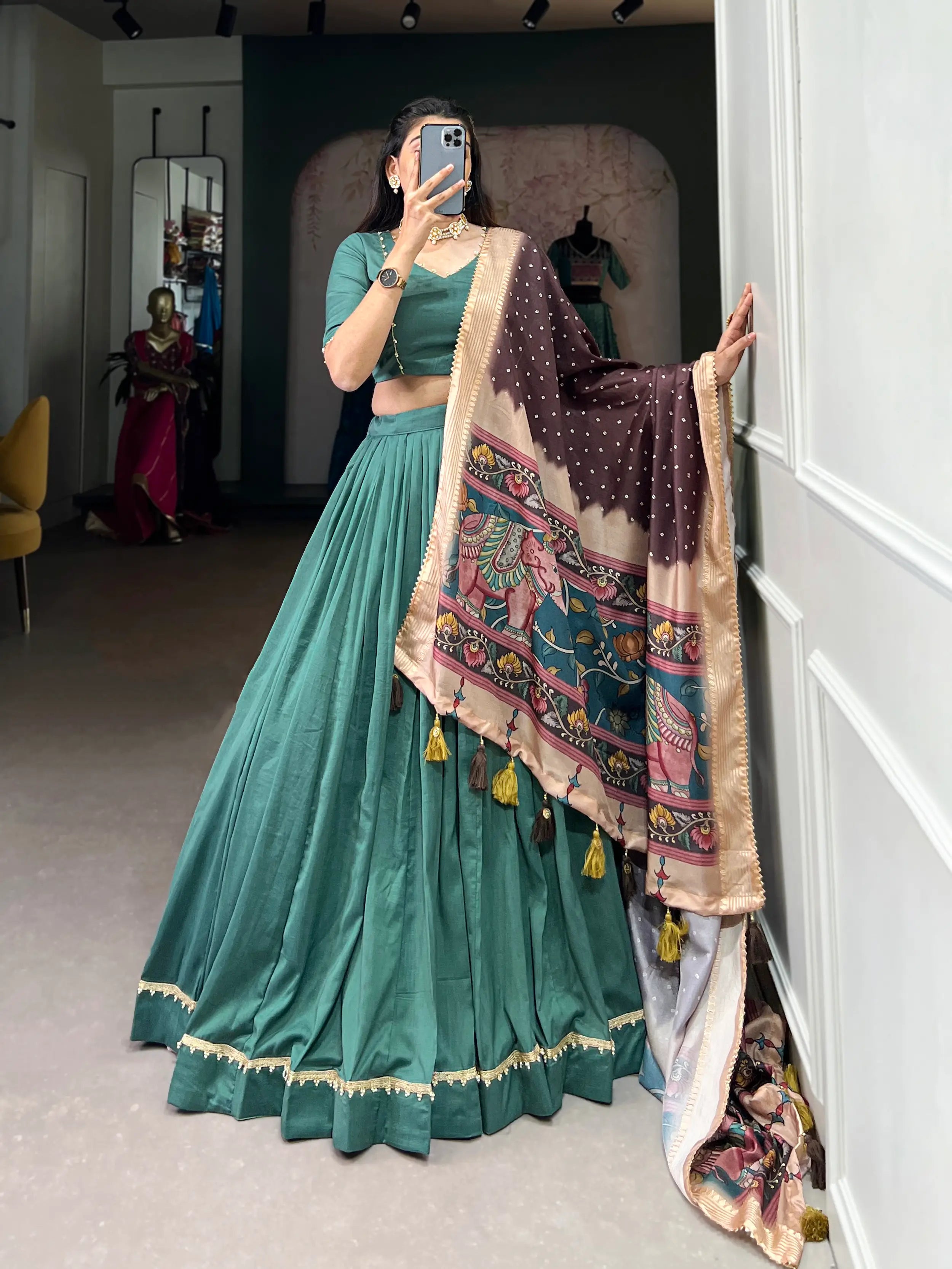 Sea Green Chinnon Silk Lehenga Choli | Ready To Wear - qivii