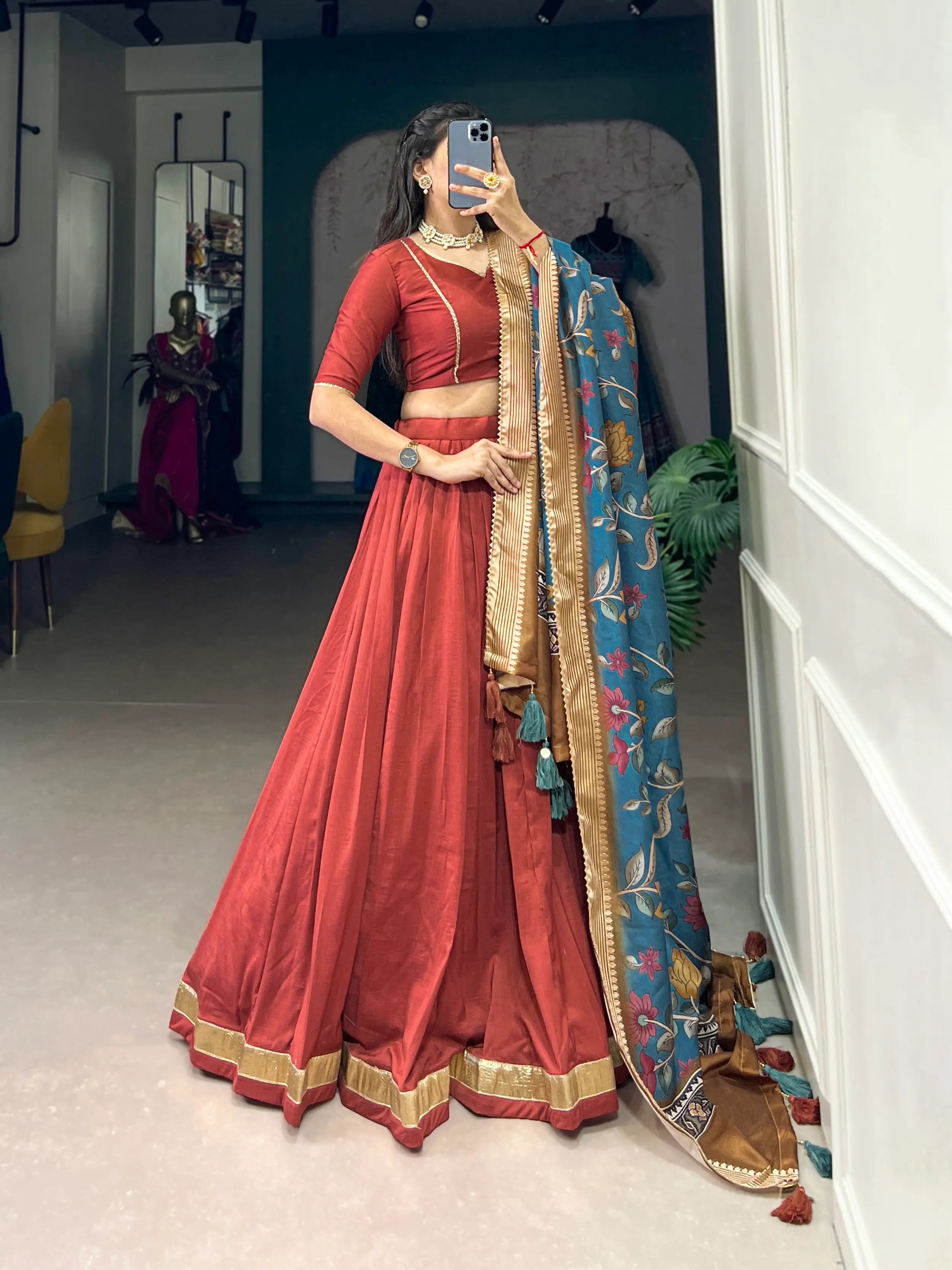Dusty Red Chinnon Silk Lehenga Choli | Ready To Wear - qivii