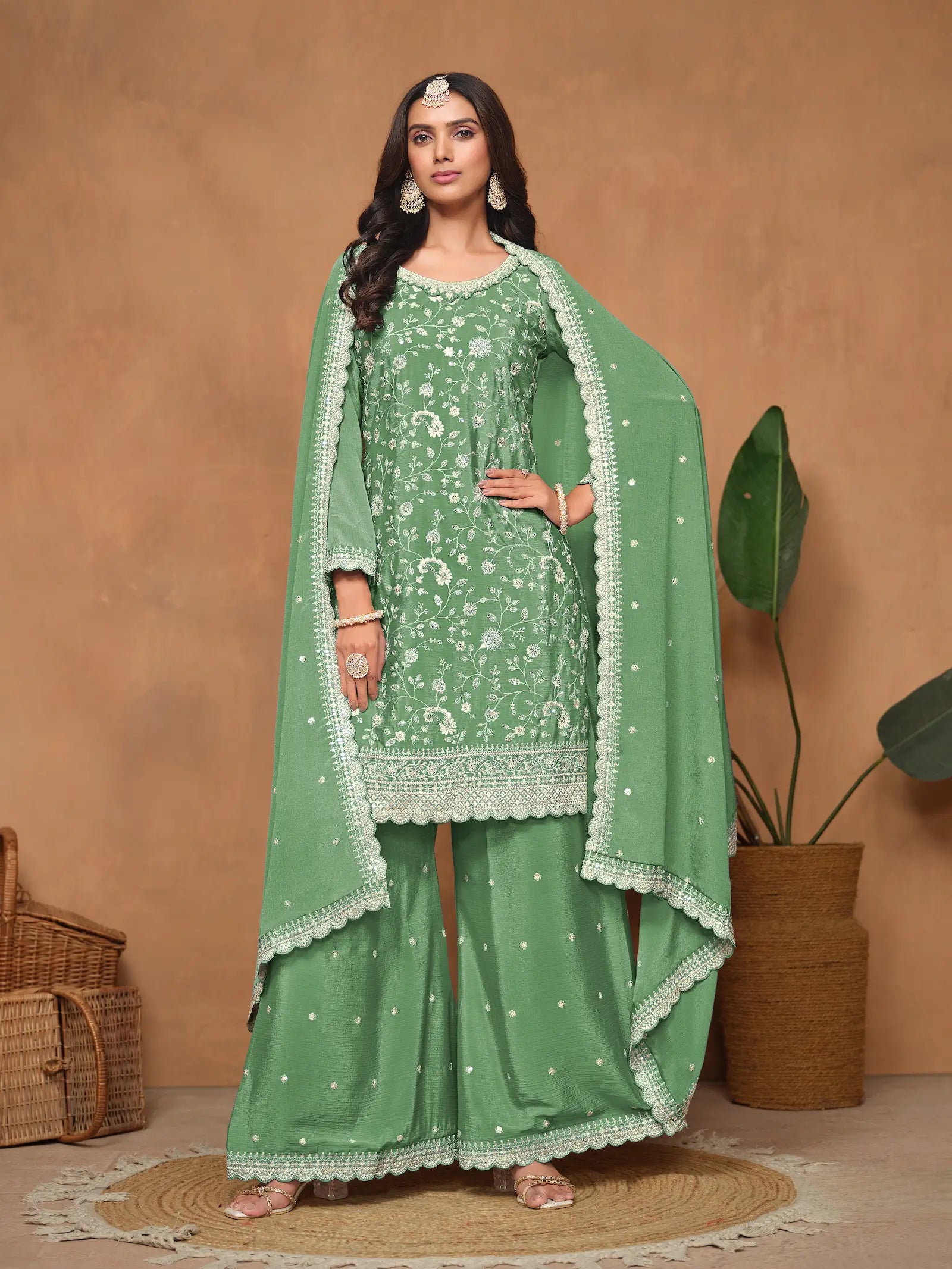 Pista Green Chinon Thread & Sequins Embroidery Palazzo Suit - qivii