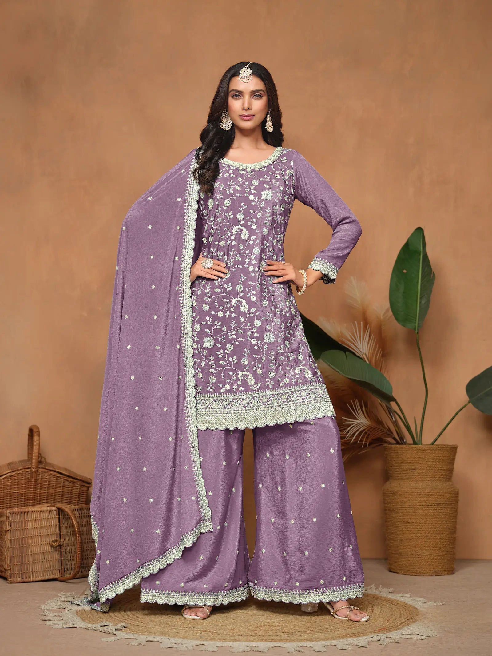 Lavender Chinon Thread & Sequins Embroidery Palazzo Suit - qivii