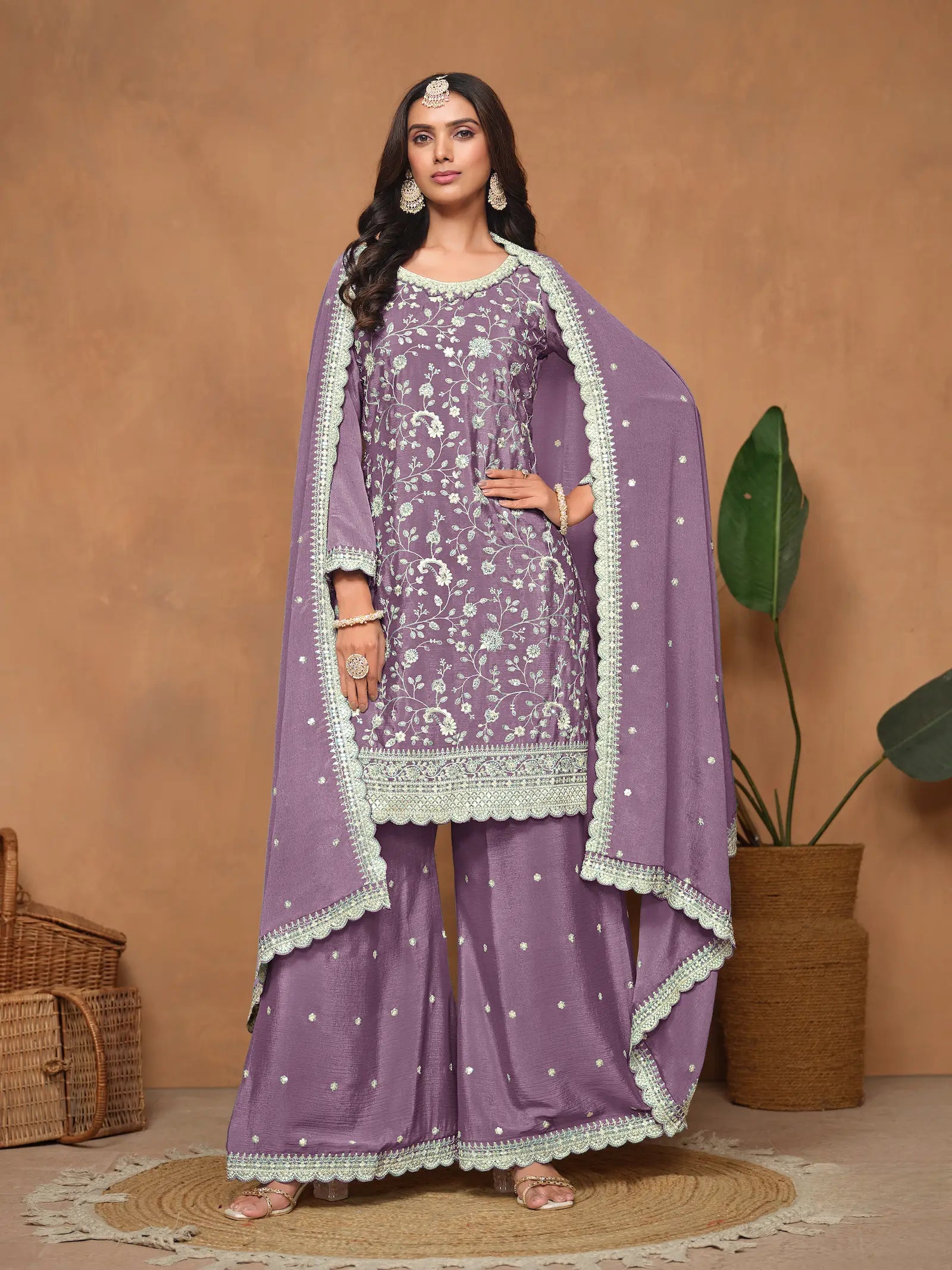 Lavender Chinon Thread & Sequins Embroidery Palazzo Suit - qivii