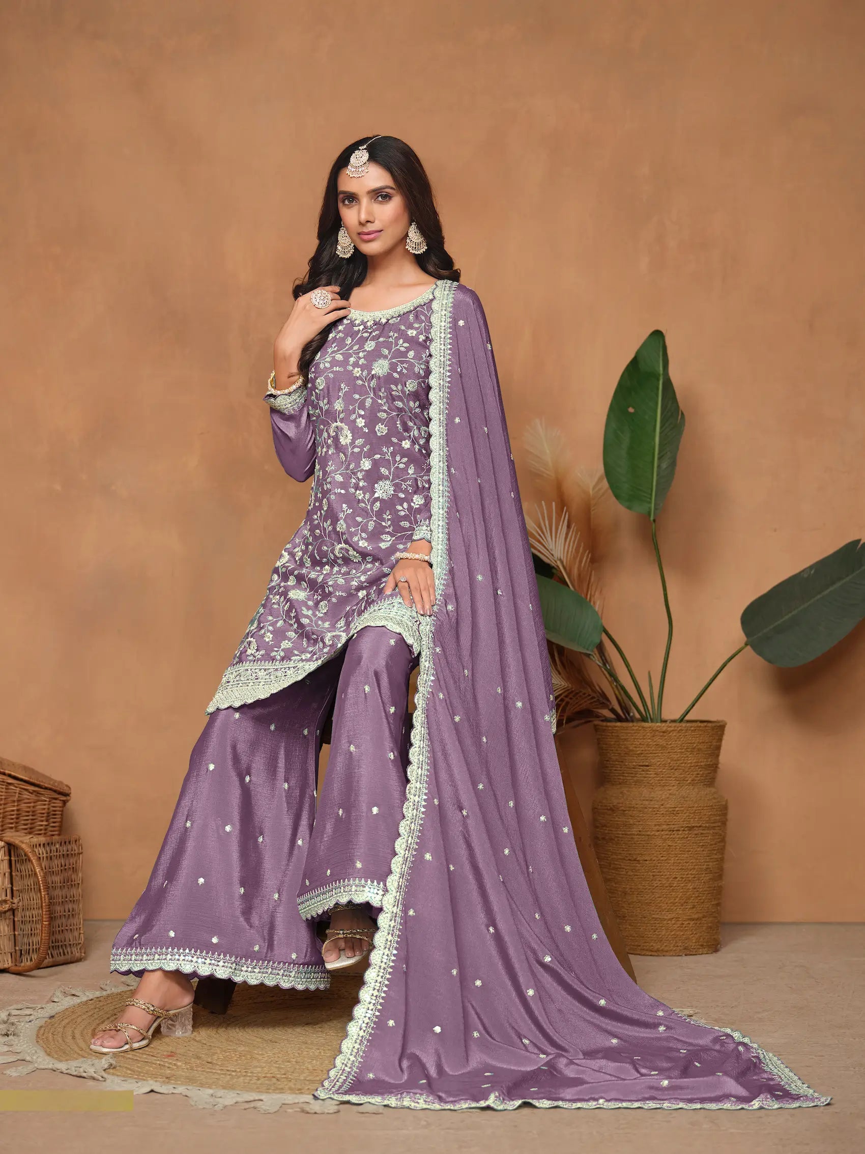 Lavender Chinon Thread & Sequins Embroidery Palazzo Suit - qivii
