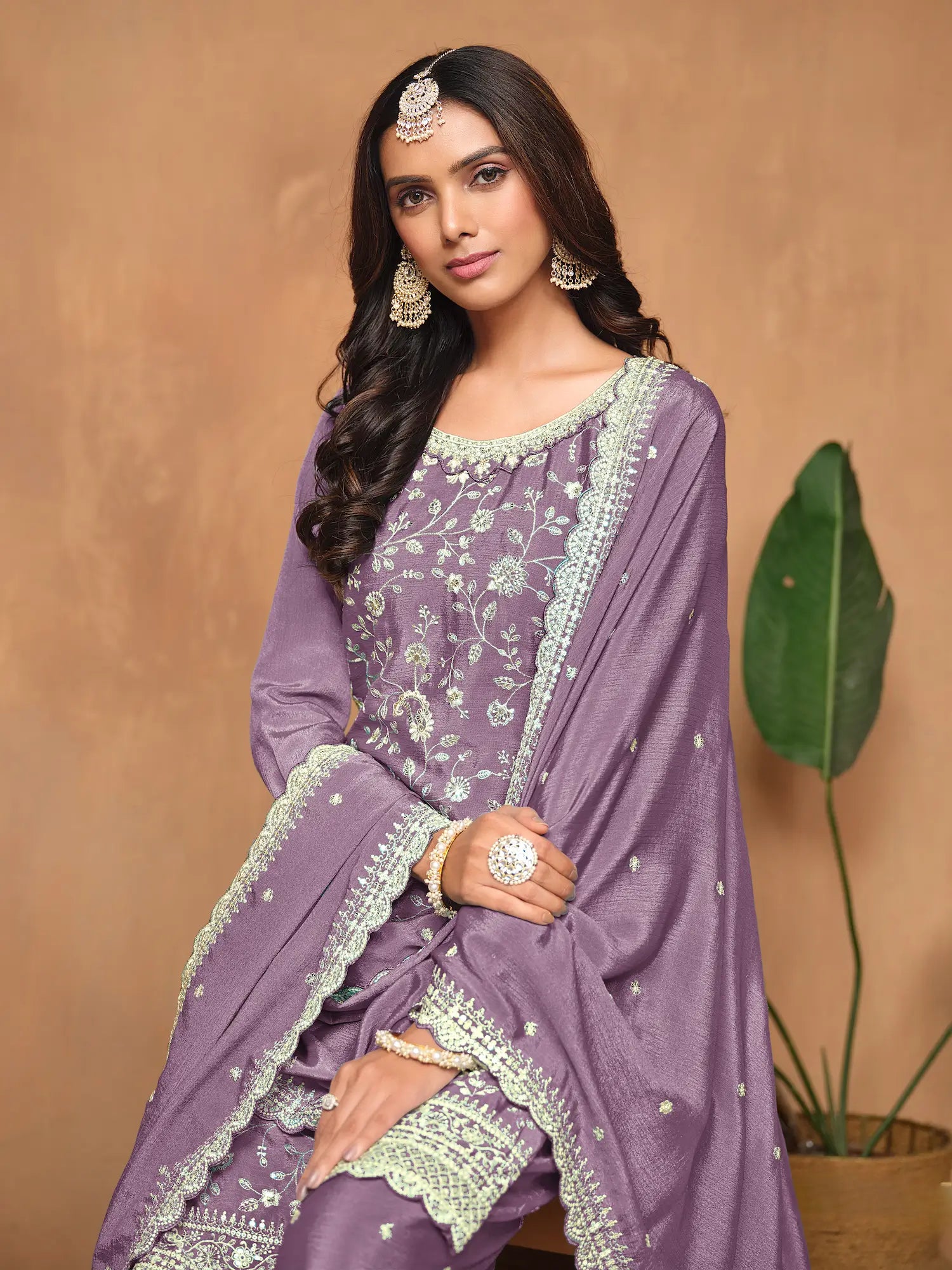 Lavender Chinon Thread & Sequins Embroidery Palazzo Suit - qivii
