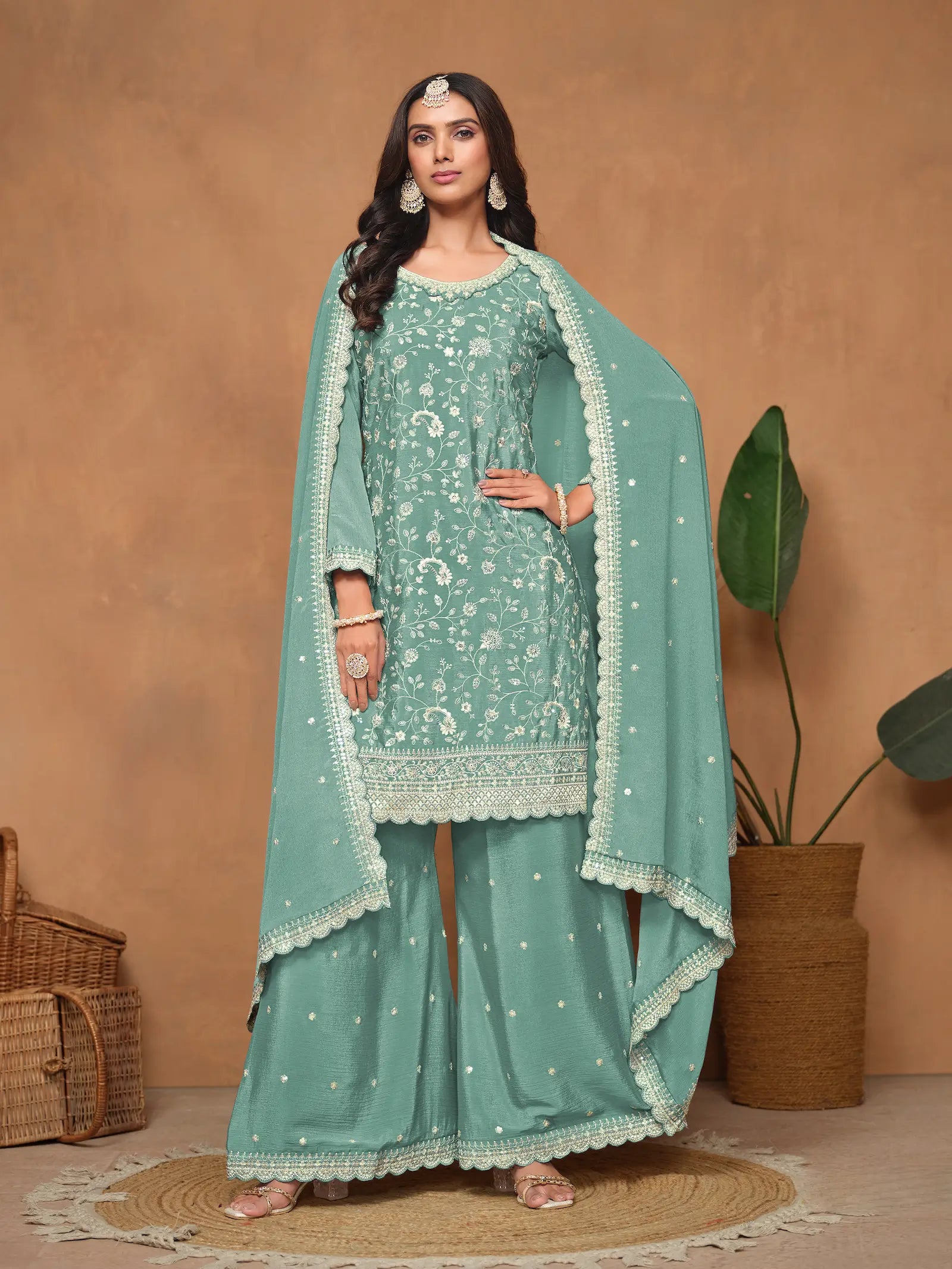 Sky Blue Chinon Thread & Sequins Embroidery Palazzo Suit - qivii