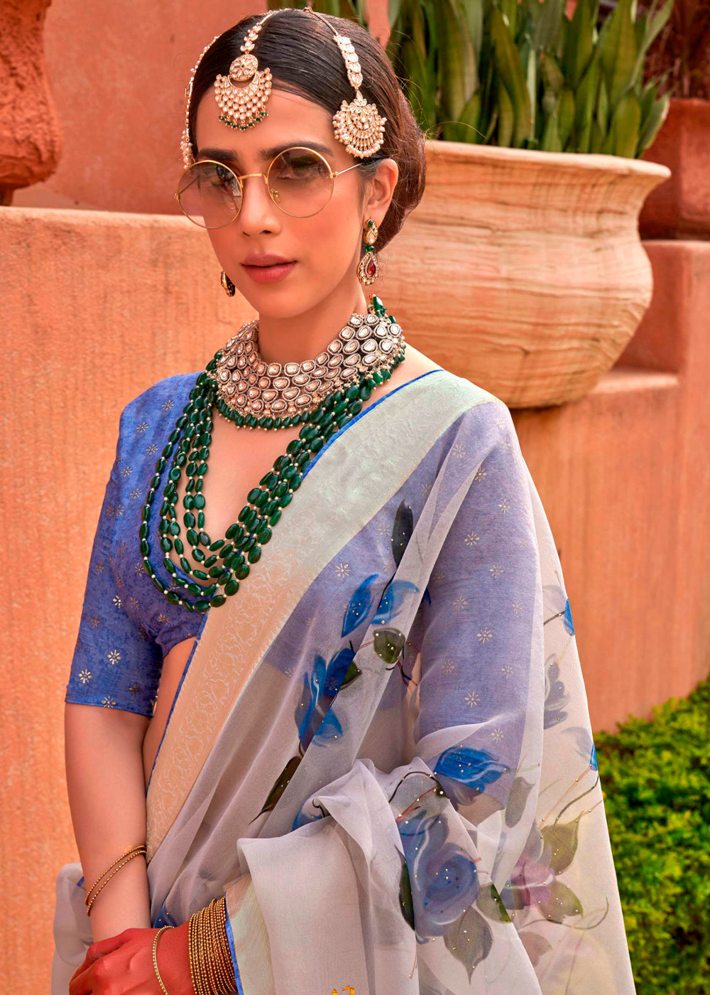 Sky Blue Floral Printed Designer Organza Silk Saree - qivii