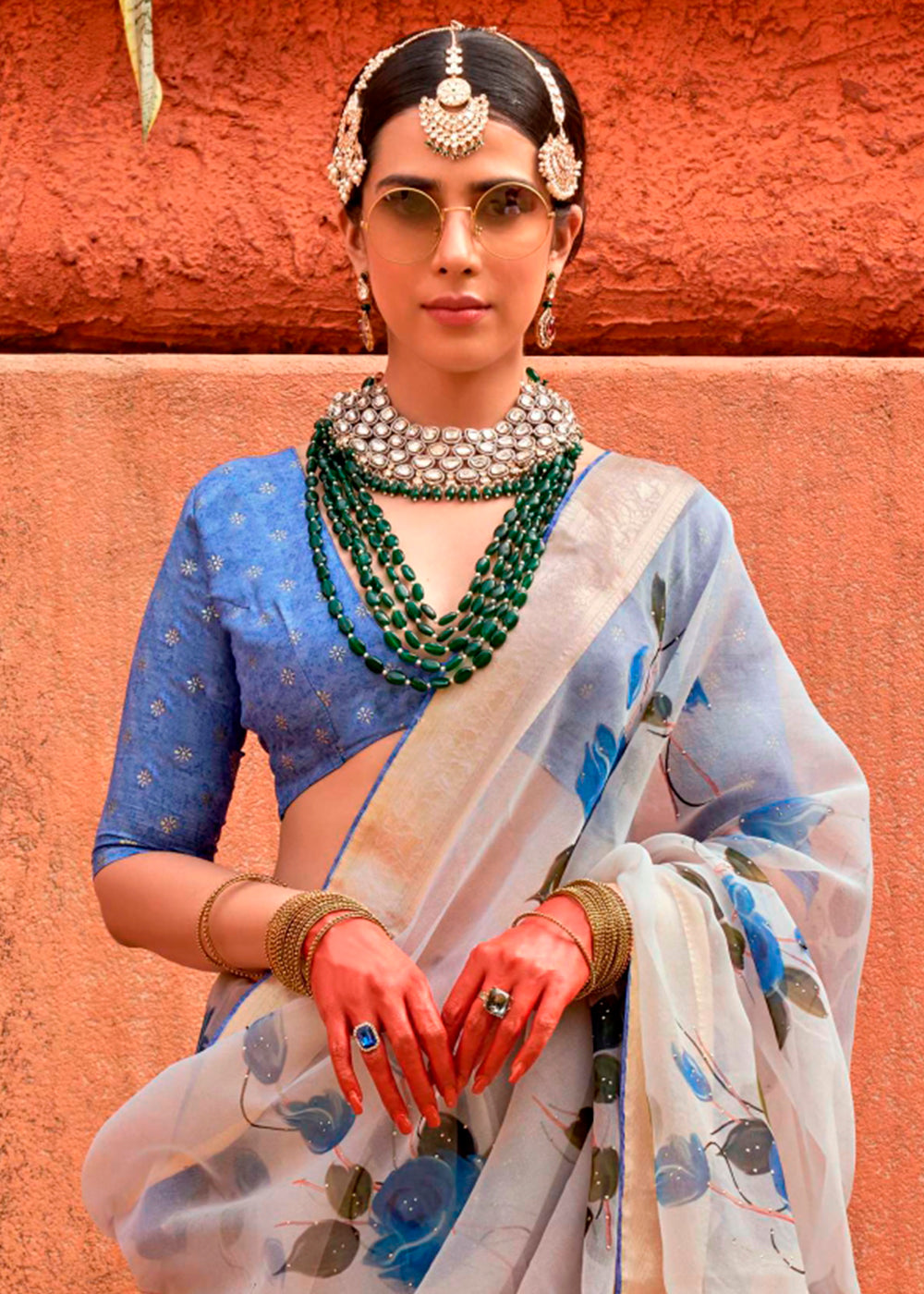 Sky Blue Floral Printed Designer Organza Silk Saree - qivii