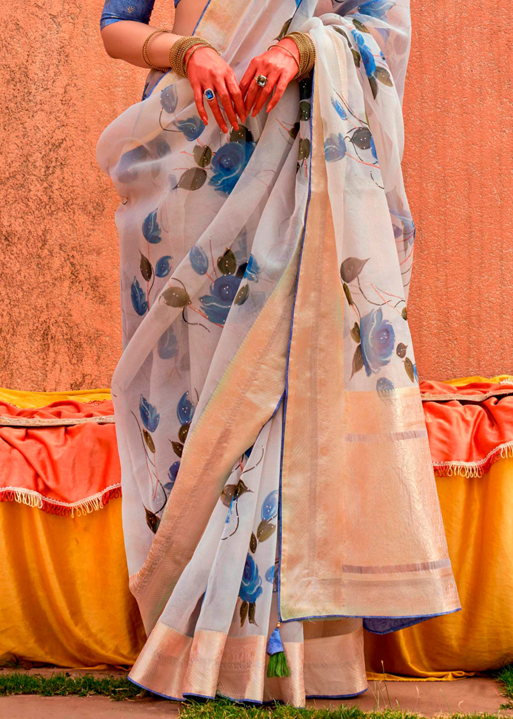 Sky Blue Floral Printed Designer Organza Silk Saree - qivii