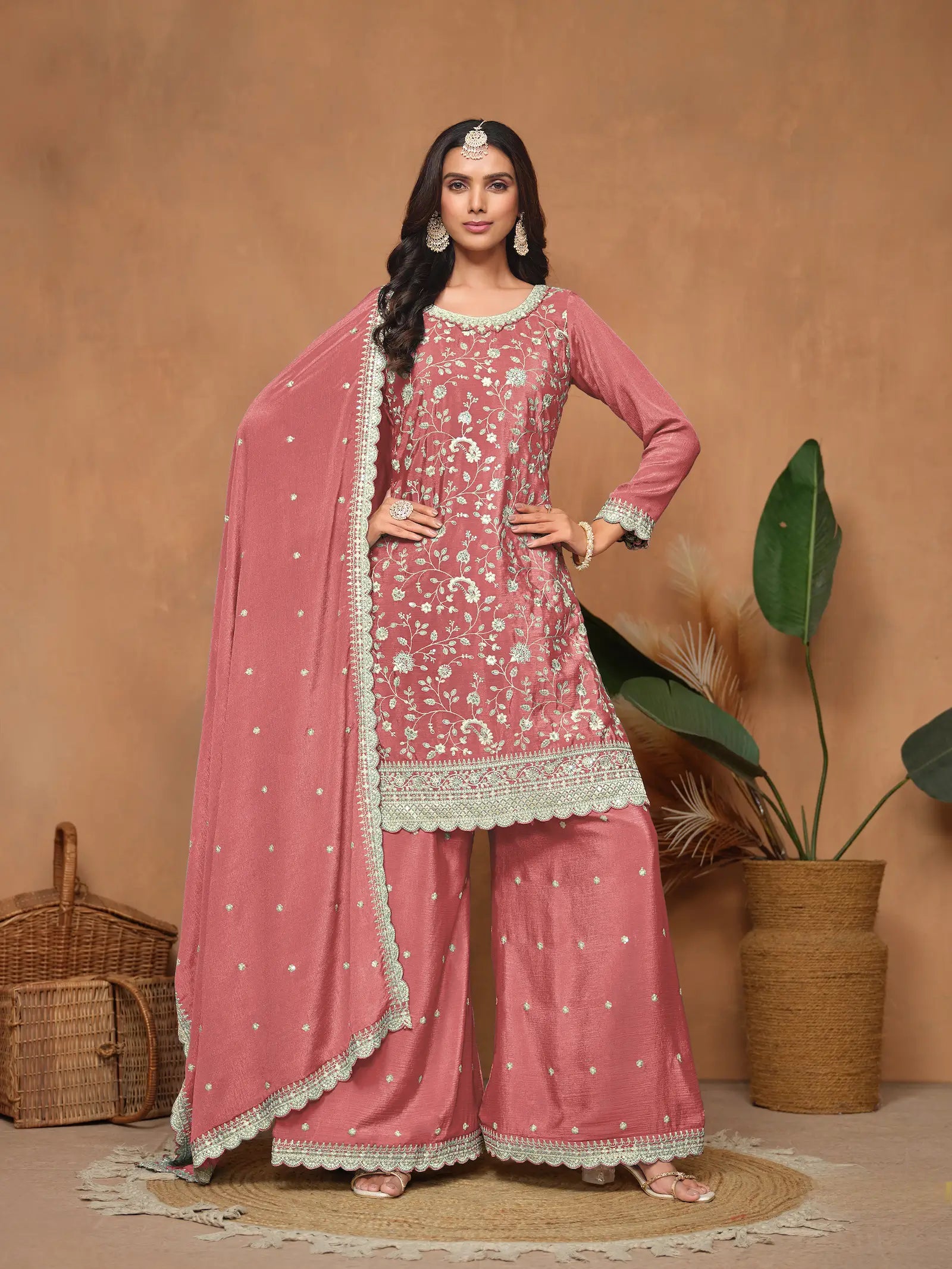 Dusty Pink Chinon Thread & Sequins Embroidery Palazzo Suit - qivii