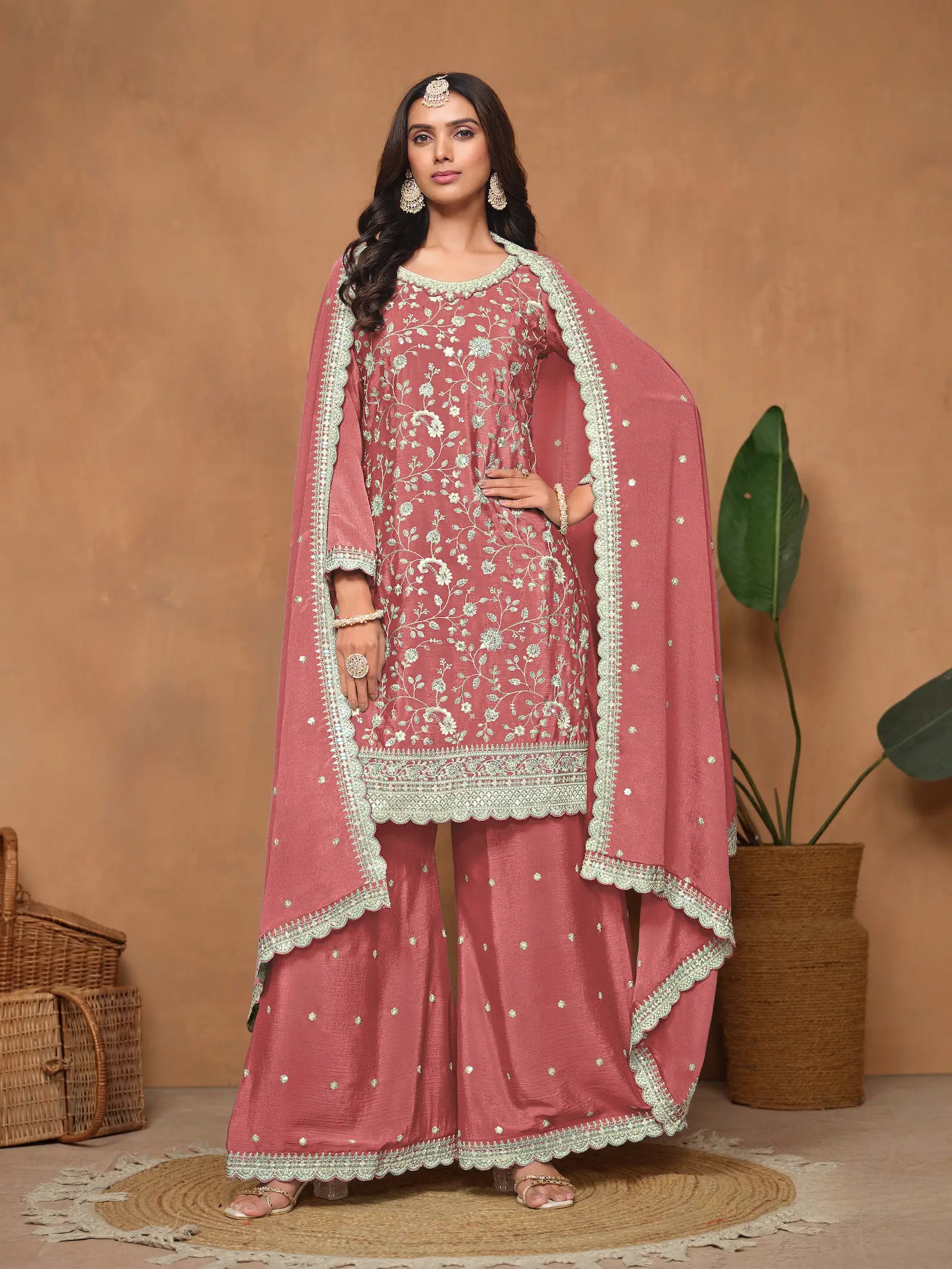 Dusty Pink Chinon Thread & Sequins Embroidery Palazzo Suit - qivii