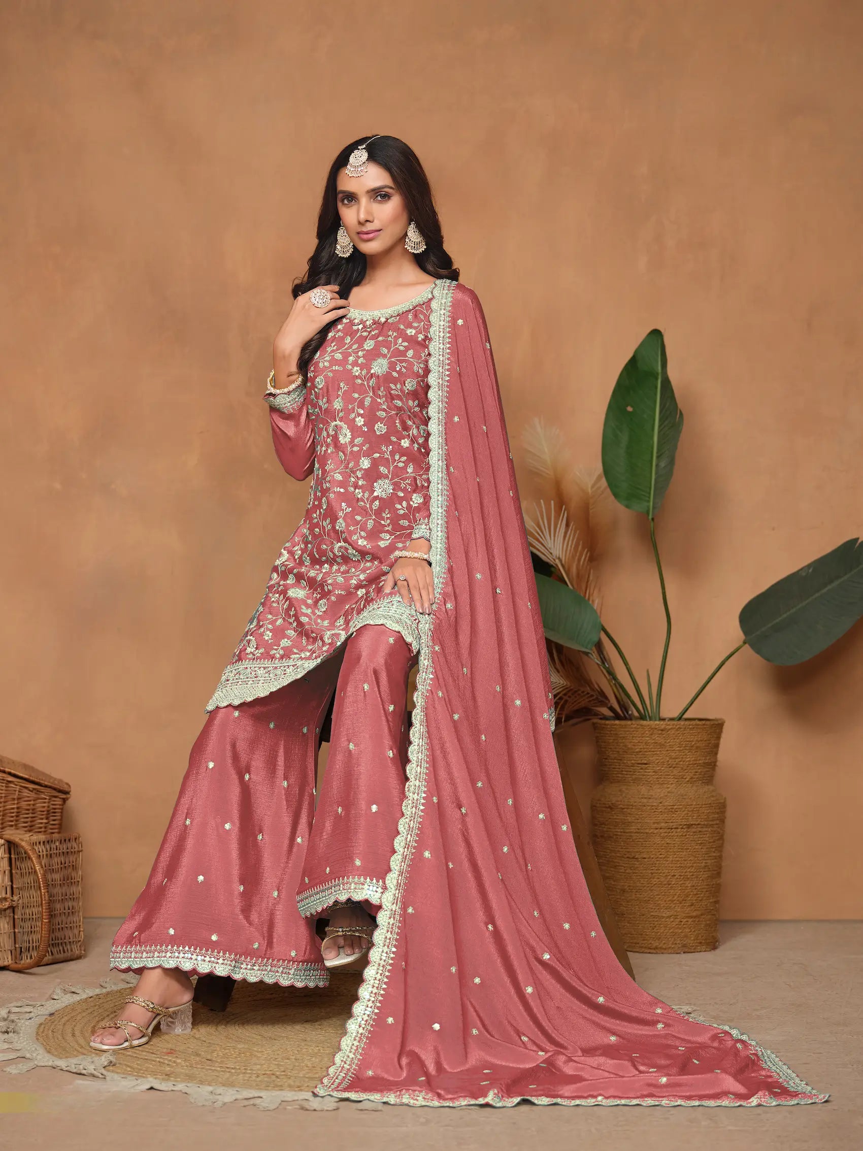 Dusty Pink Chinon Thread & Sequins Embroidery Palazzo Suit - qivii