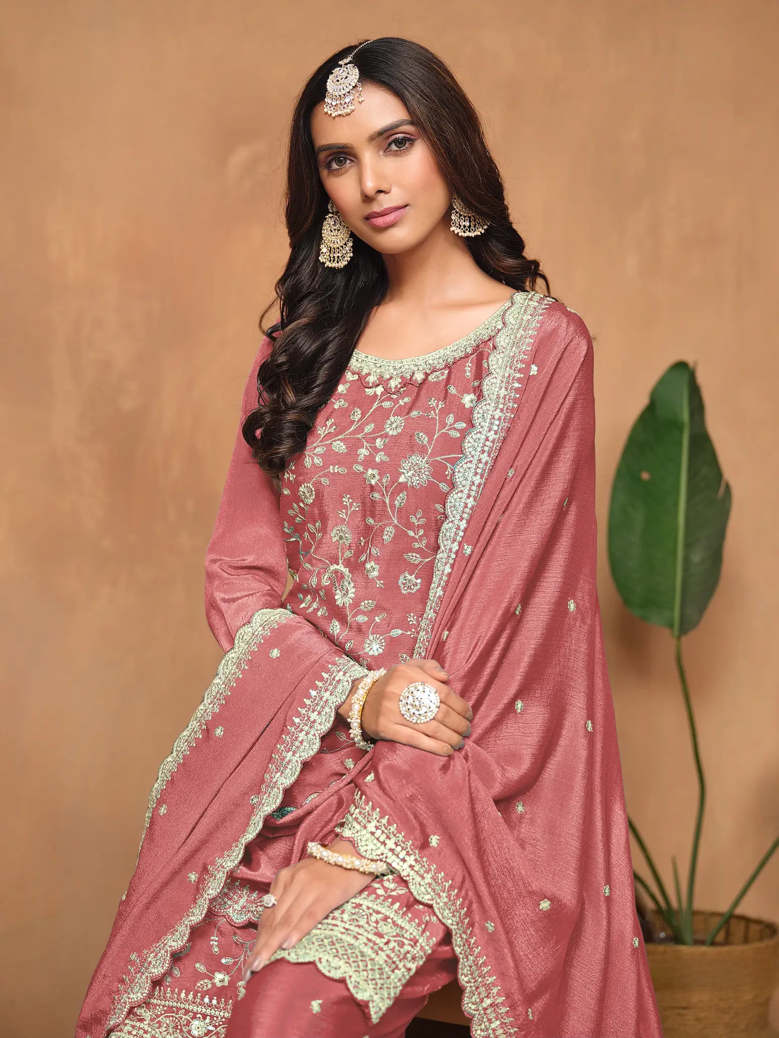 Dusty Pink Chinon Thread & Sequins Embroidery Palazzo Suit - qivii