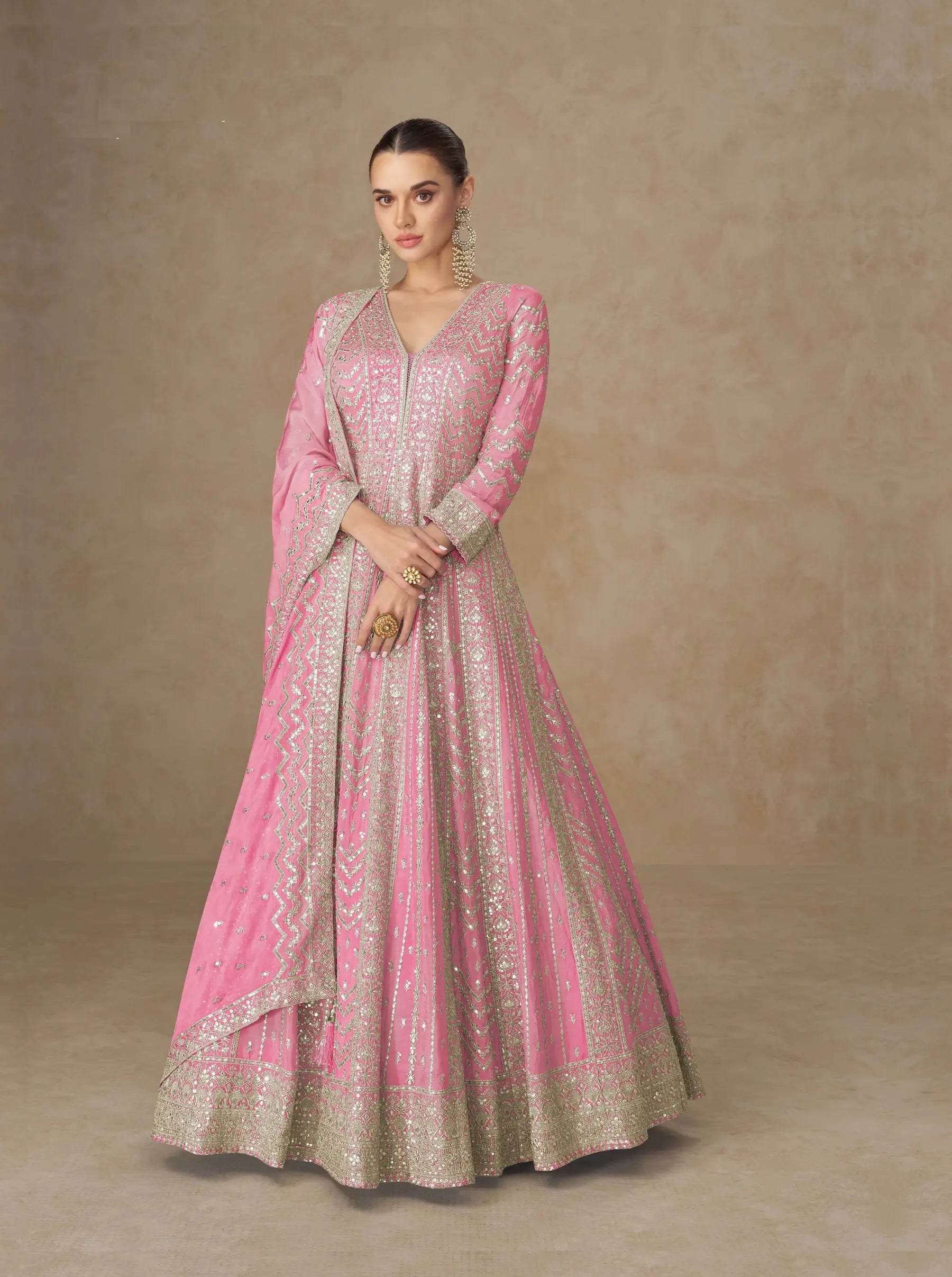 Daisy Pink Chinon Silk Embroidery Gown - qivii