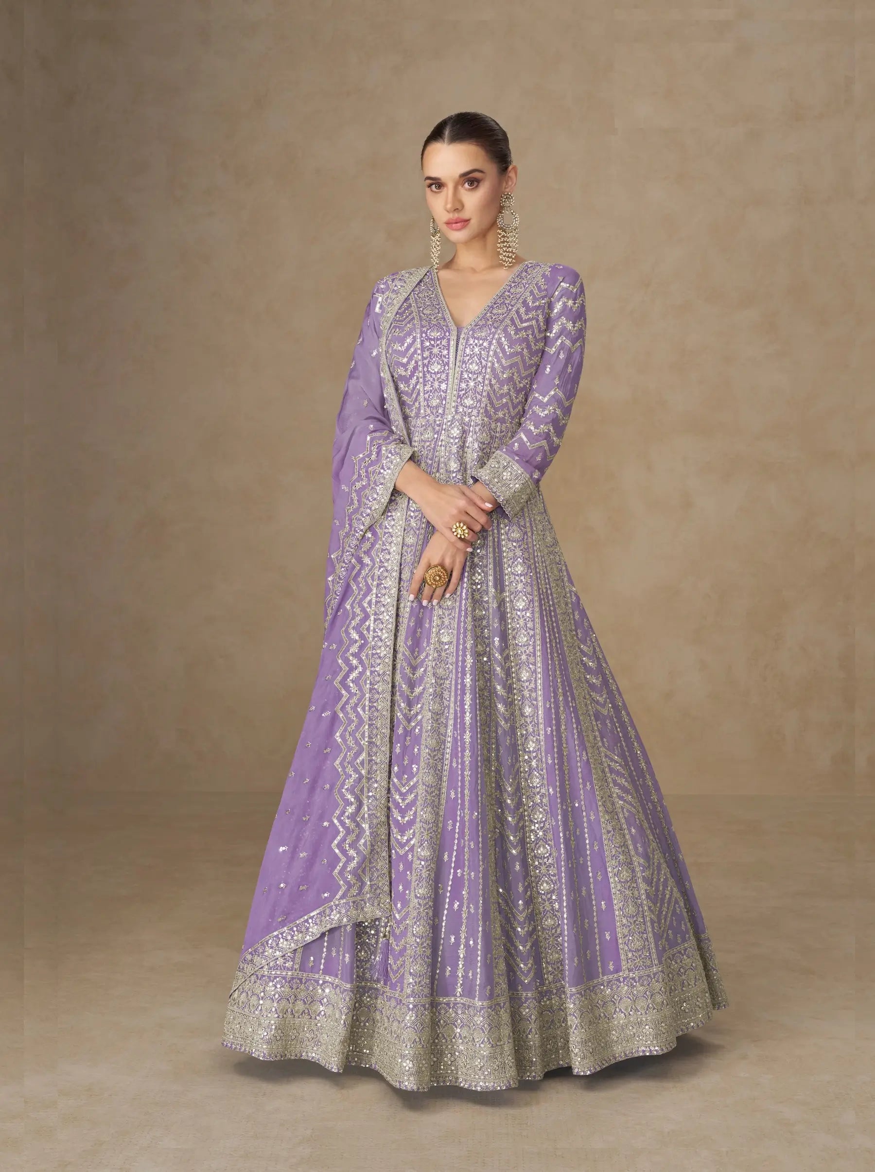 Dark Lilac Chinon Silk Embroidery Gown - qivii