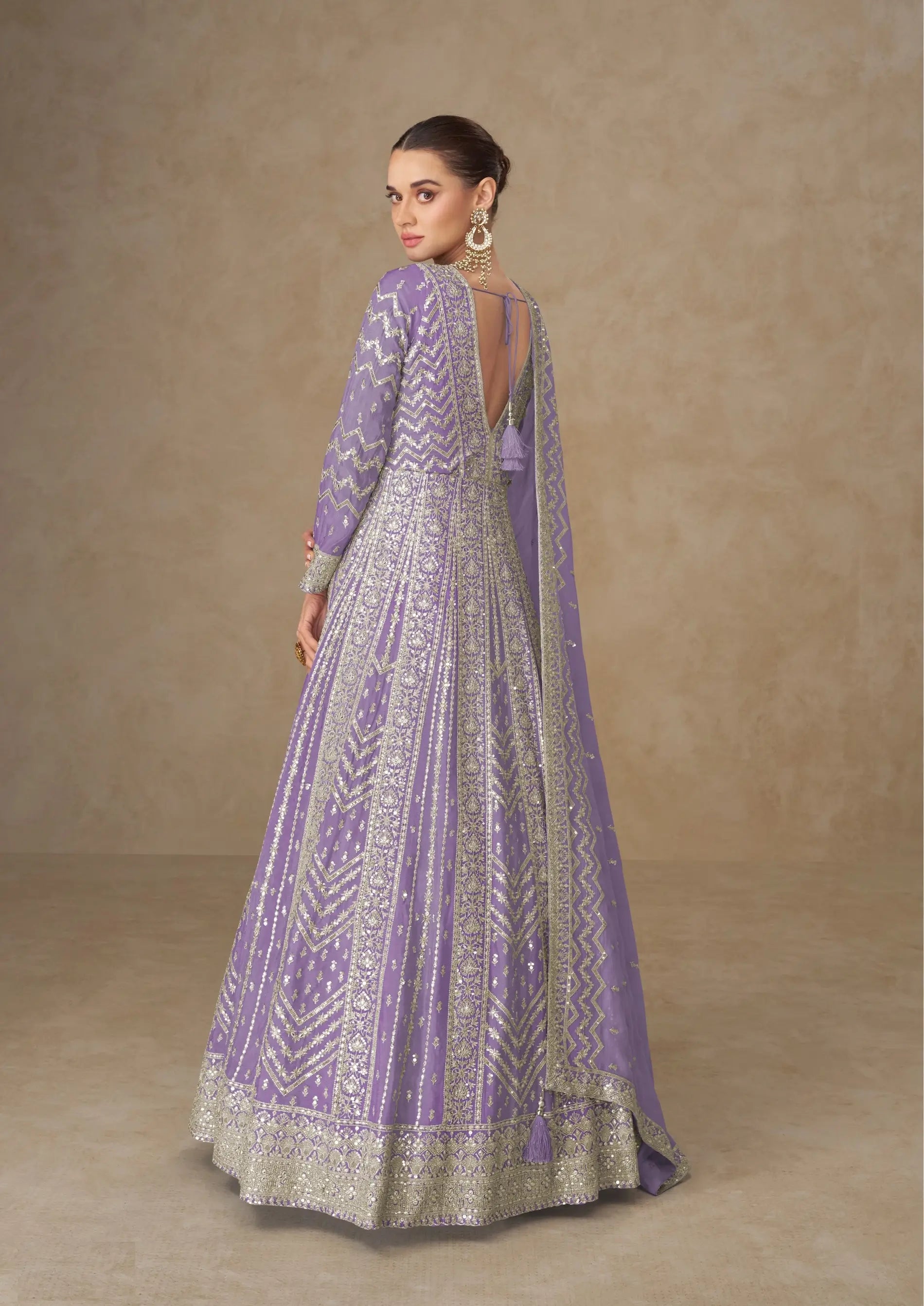 Dark Lilac Chinon Silk Embroidery Gown - qivii