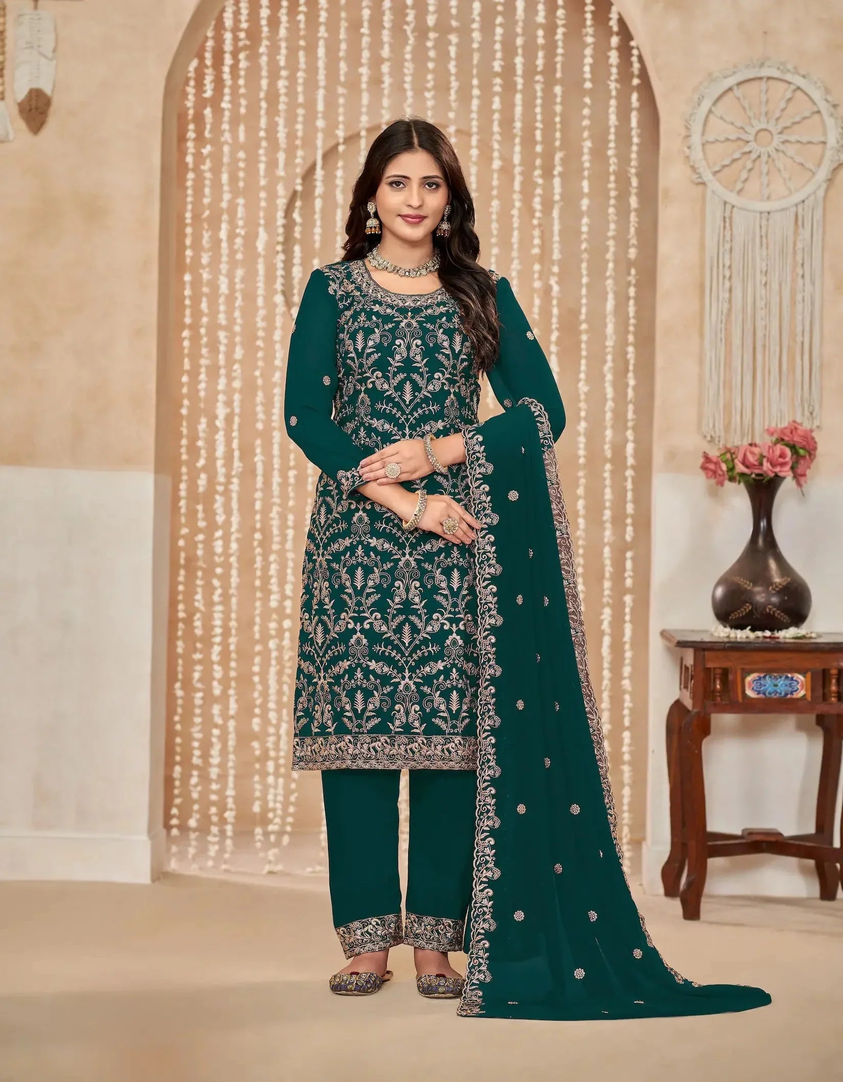 Dark Green Georgette Thread & Sequence Embroidery Work Palazzo Suit - qivii