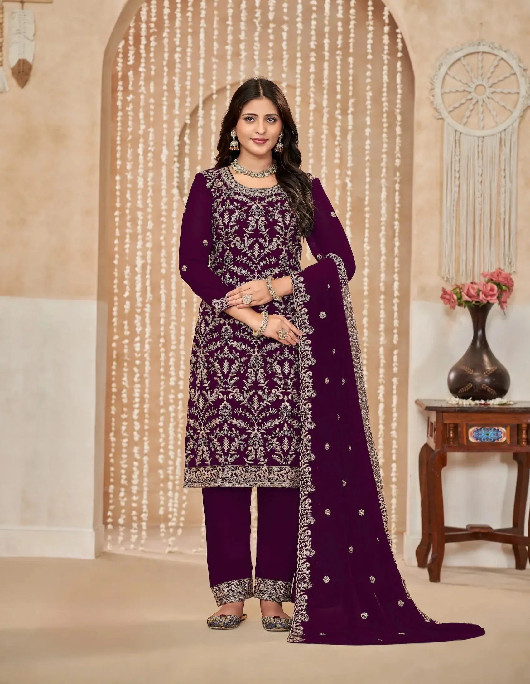 Wine Georgette Thread & Sequence Embroidery Work Palazzo Suit - qivii