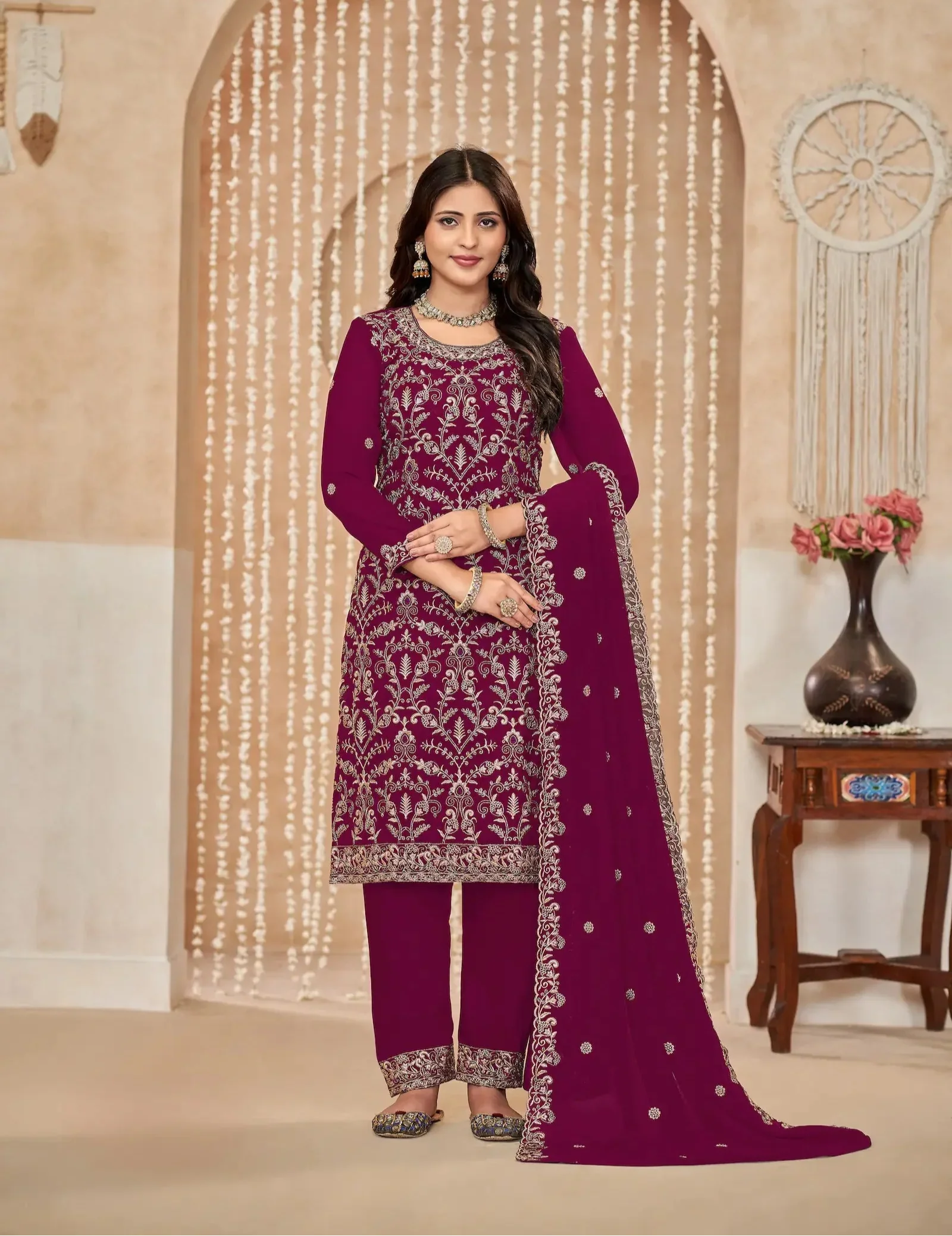 Pink Georgette Thread & Sequence Embroidery Work Palazzo Suit - qivii