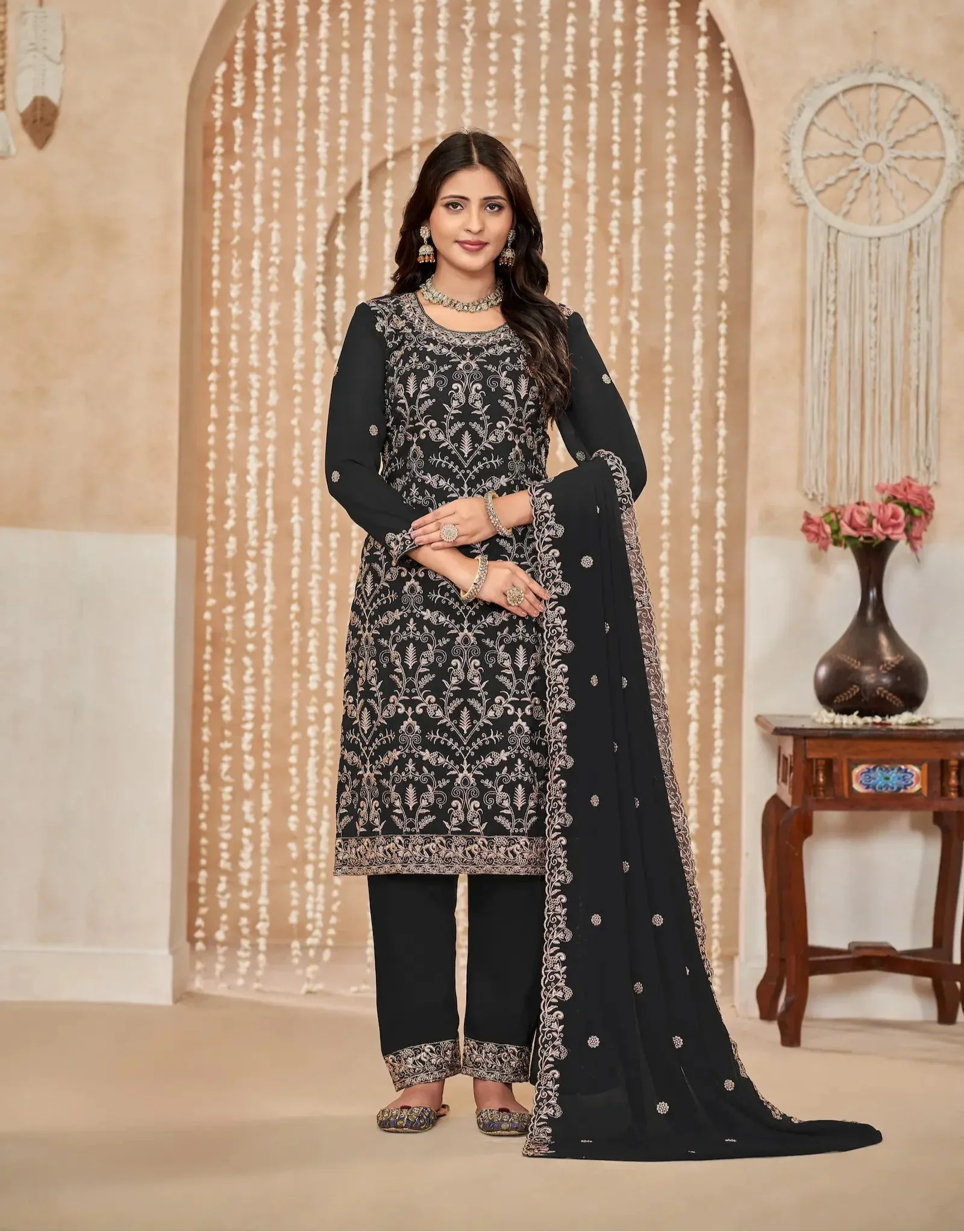 Black Georgette Thread & Sequence Embroidery Work Palazzo Suit - qivii