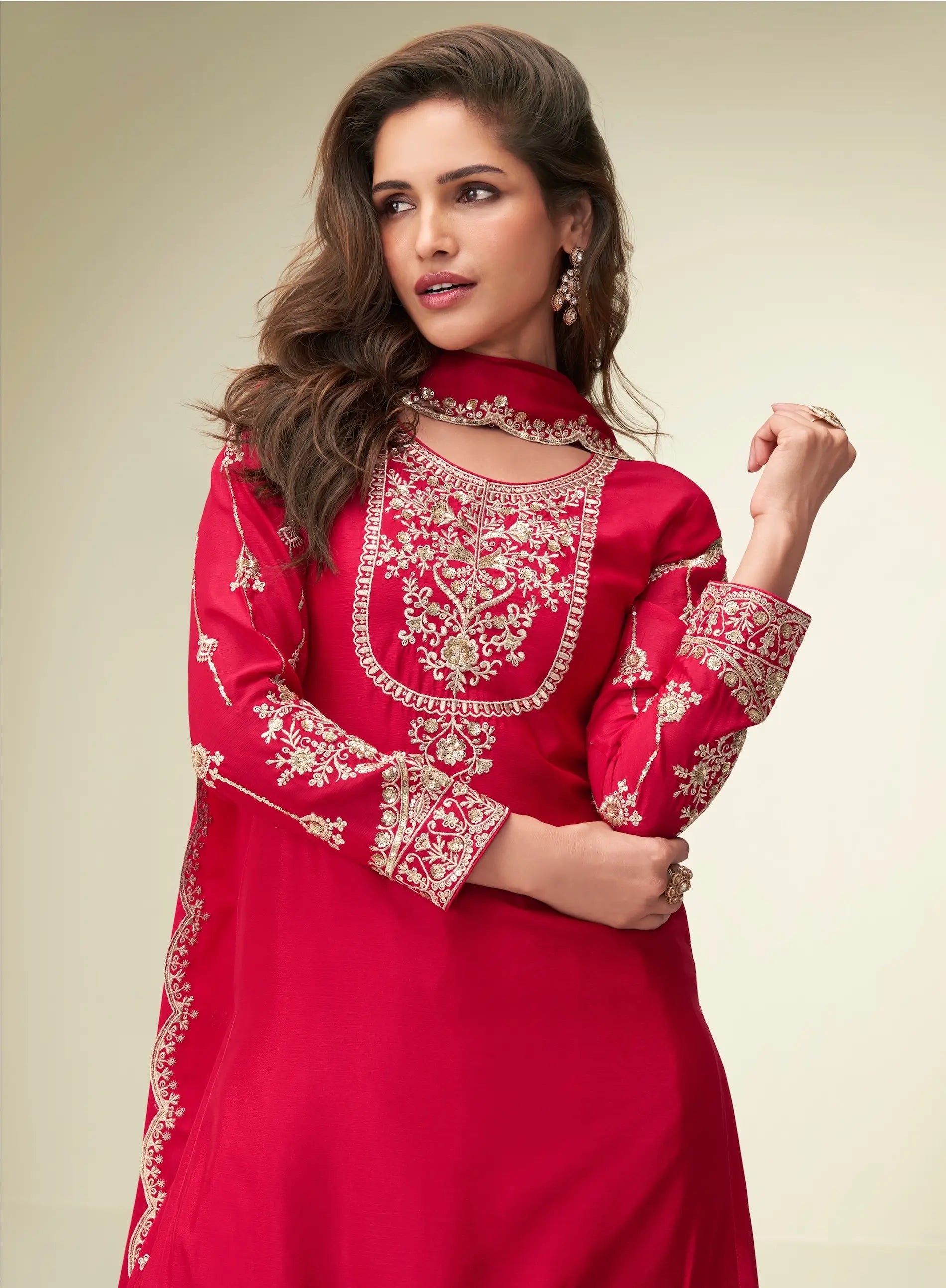 Red Chinon Silk Palazzo Suit With Embroidery Work - qivii