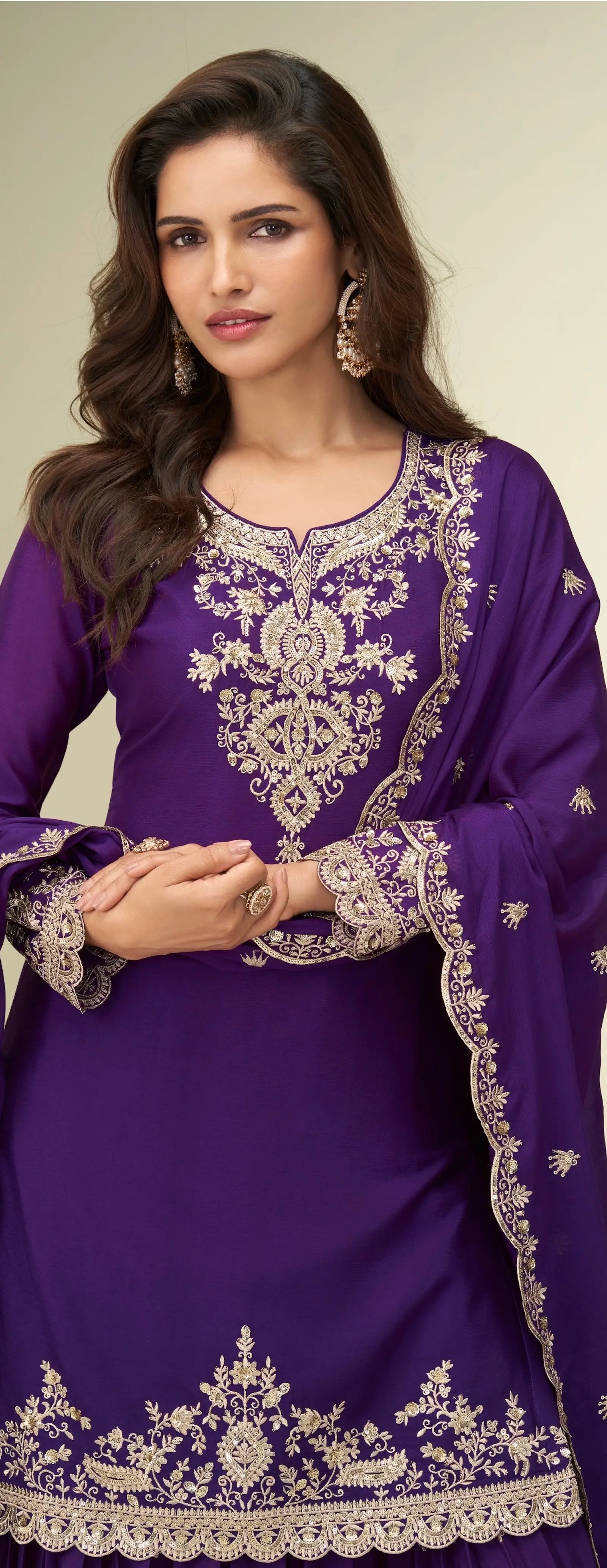 Purple Chinon Silk Palazzo Suit With Embroidery Work - qivii