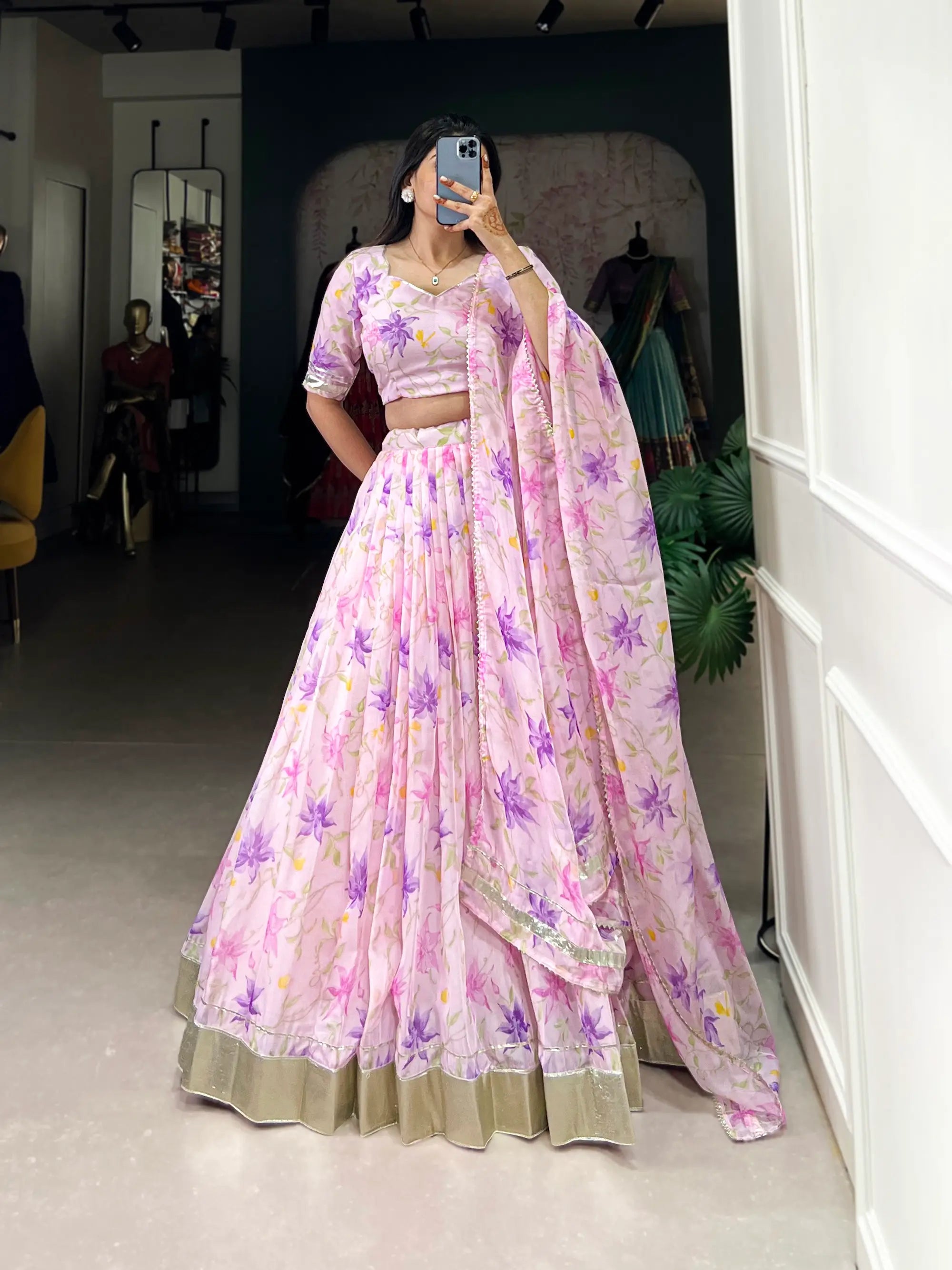 Baby Pink Tabby Silk Floral Printed Lehenga Choli | Ready To Wear - qivii