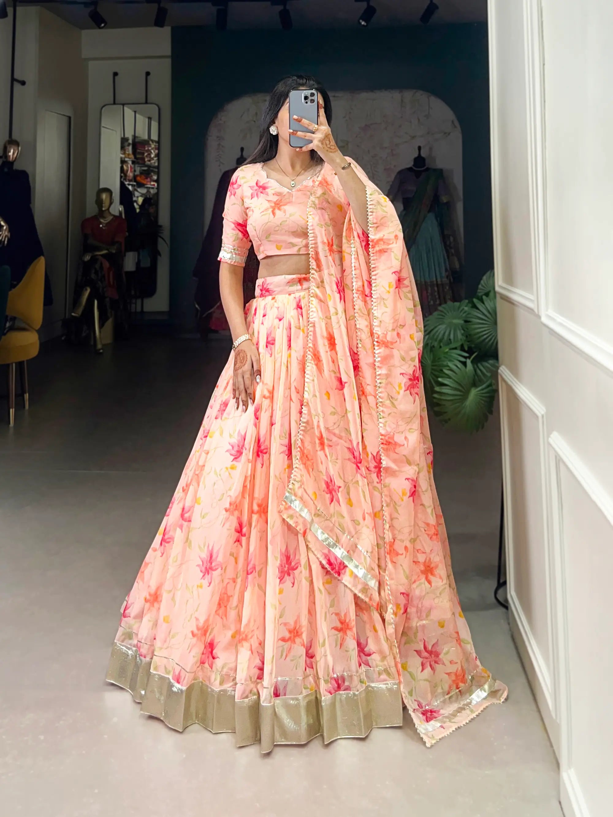 Peach Tabby Silk Floral Printed Lehenga Choli | Ready To Wear - qivii