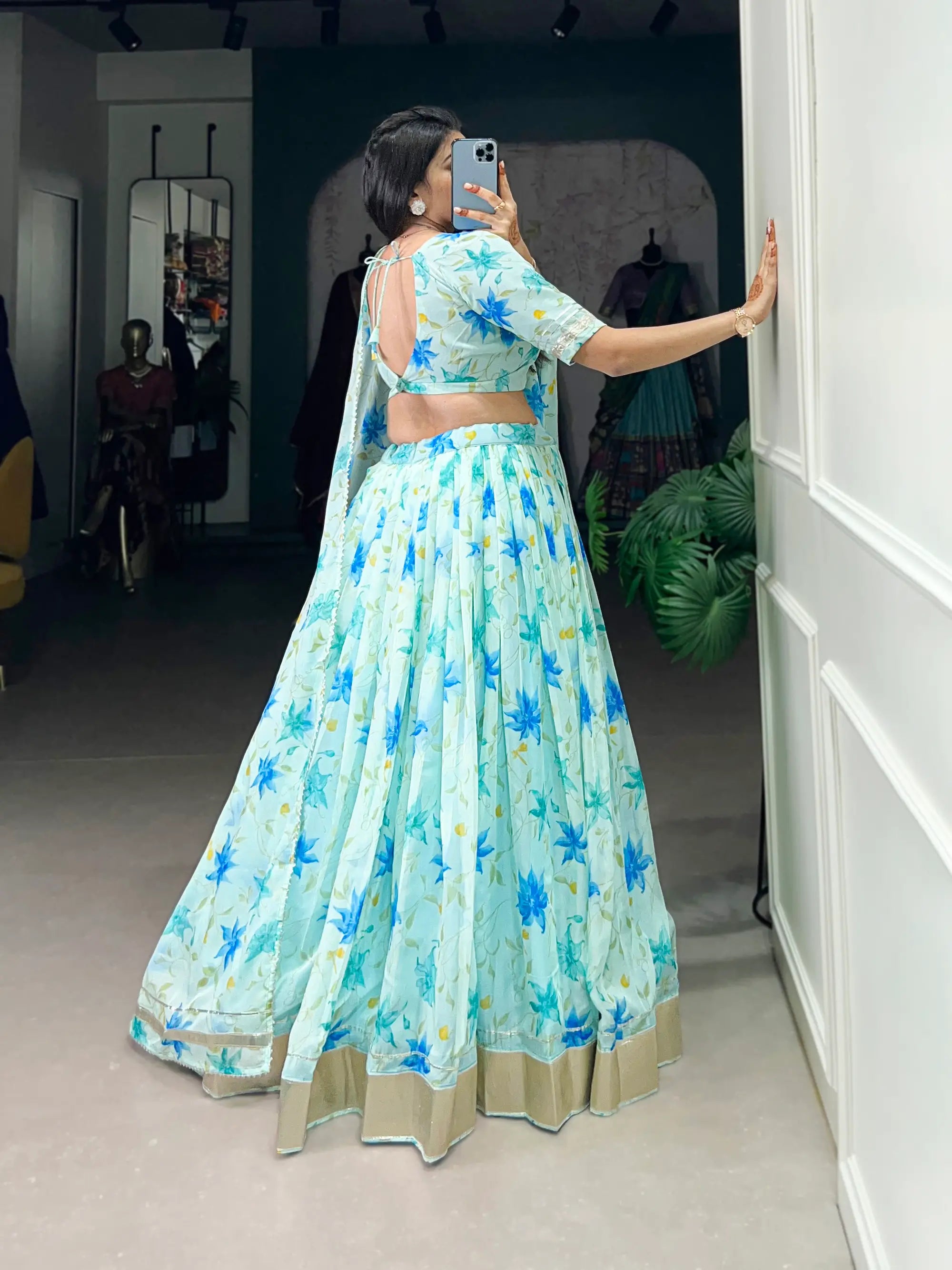Sky Blue Tabby Silk Floral Printed Lehenga Choli | Ready To Wear - qivii