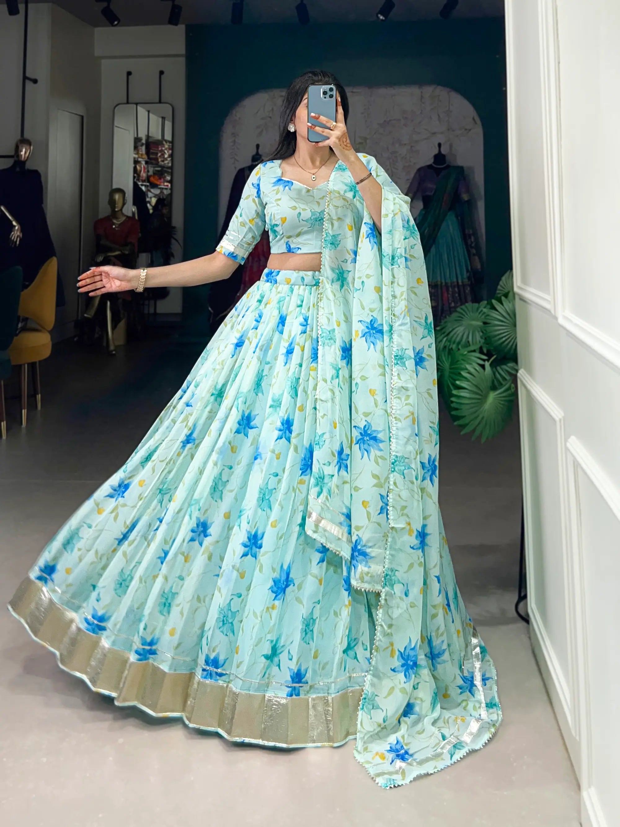 Sky Blue Tabby Silk Floral Printed Lehenga Choli | Ready To Wear - qivii