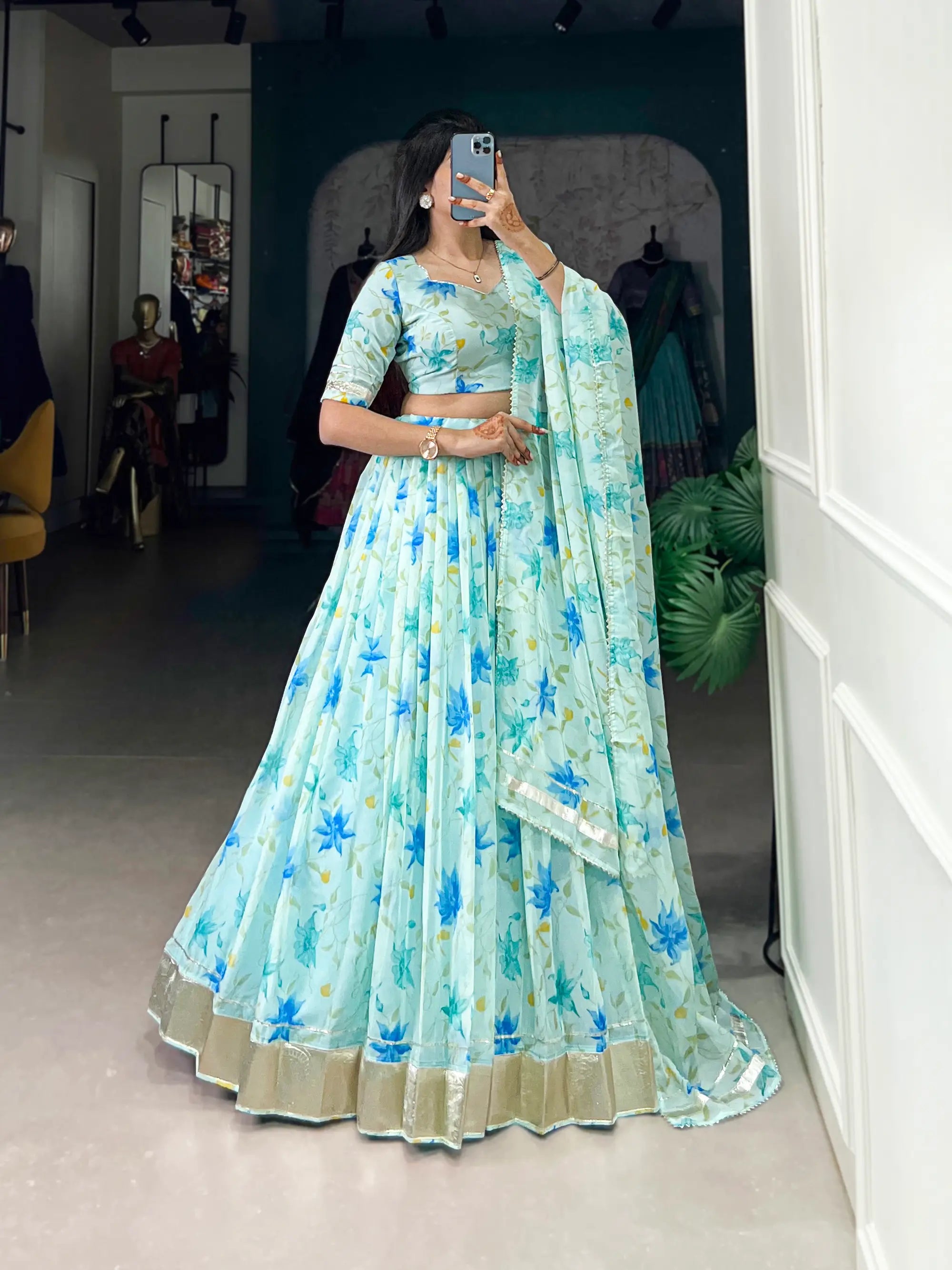 Sky Blue Tabby Silk Floral Printed Lehenga Choli | Ready To Wear - qivii