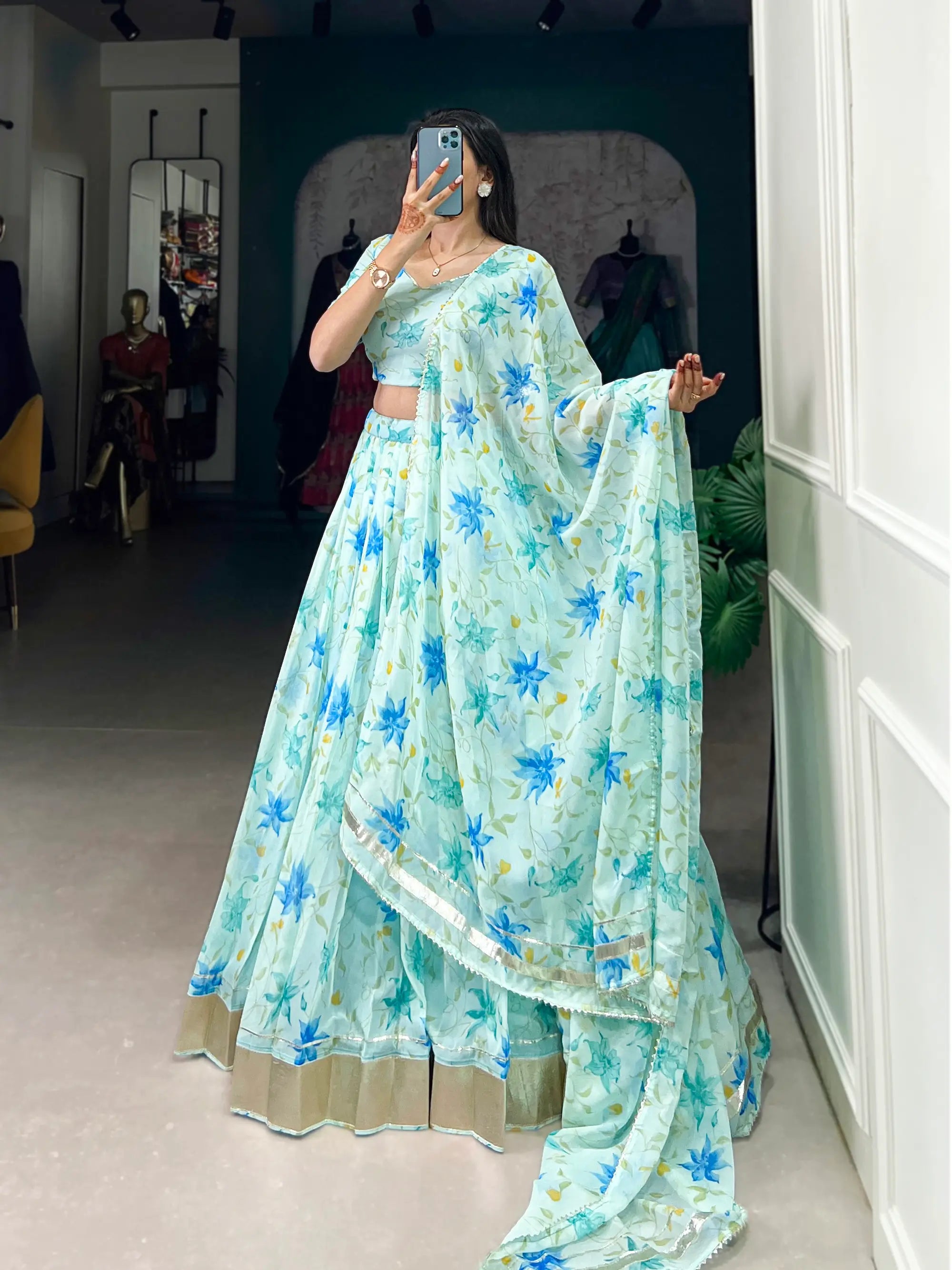 Sky Blue Tabby Silk Floral Printed Lehenga Choli | Ready To Wear - qivii