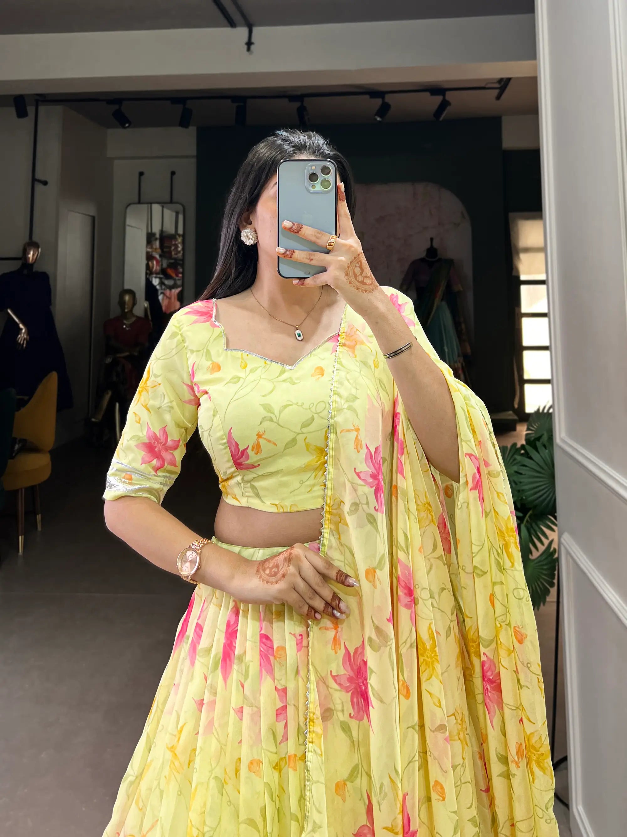 Yellow Tabby Silk Floral Printed Lehenga Choli | Ready To Wear - qivii